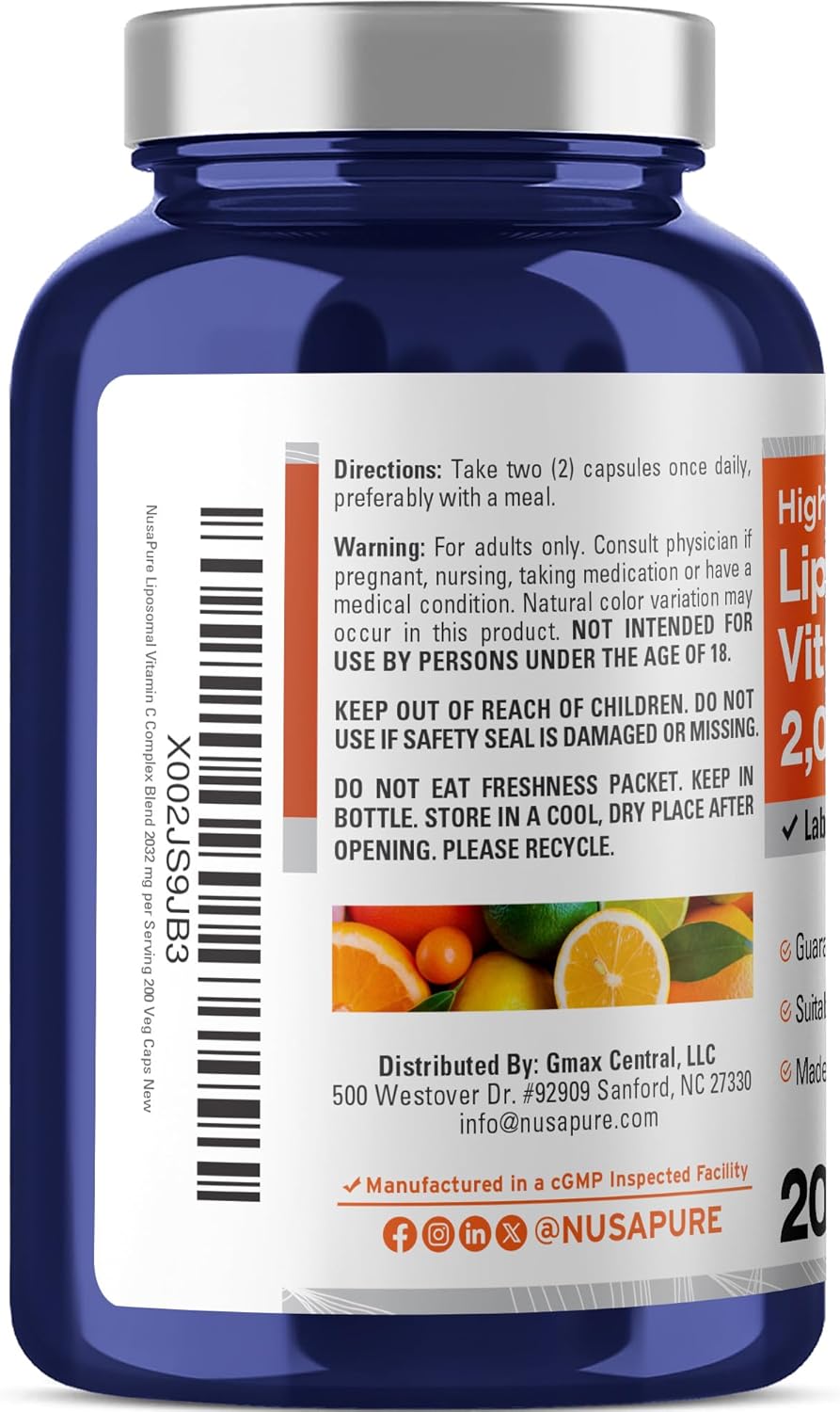 NusaPure Liposomal Vitamin C 2032mg - 200 Veggie Vegan Capsules, BioPerine - High Absorption Ascorbic Acid