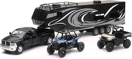 Amazon Com New Ray Toys Die Cast Pick Up Truck With Toy Hauler And 2 Polaris Vehicles Toys Games