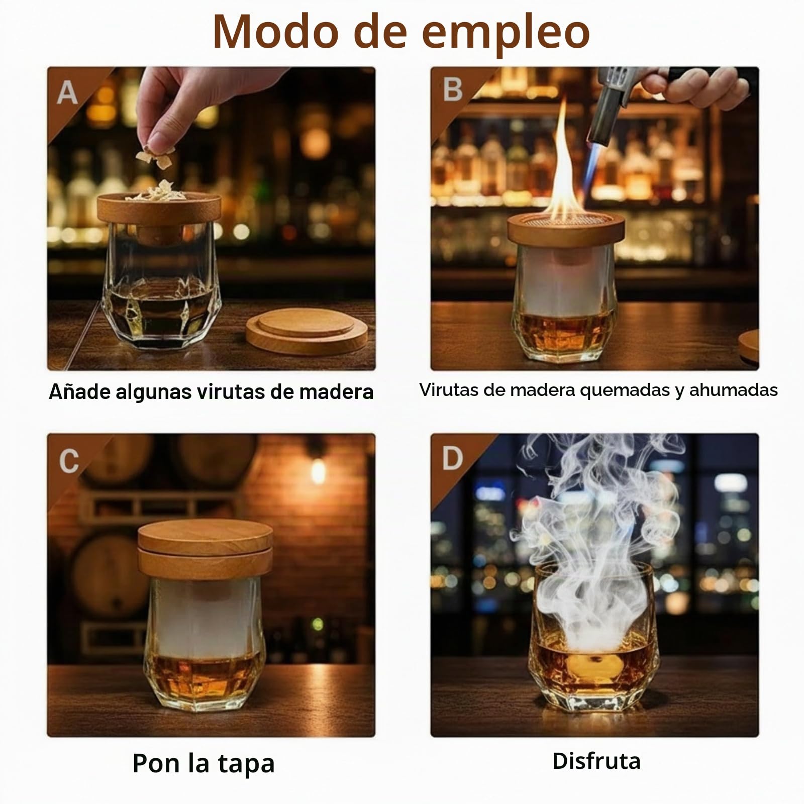 Kit Ahumador para Whisky - Set con 8 Aromas de Madera y Piedras para Whisky - Accesorios Bar para Cócteles y Regalo Hombre Padre y Novio