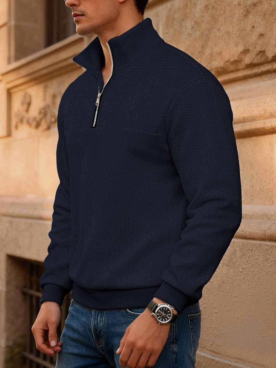 Mens Quarter Zip Sweater Men Quilted Sweatshirt Pullover Knit Long Sleeve Mock Neck Sweatshirt