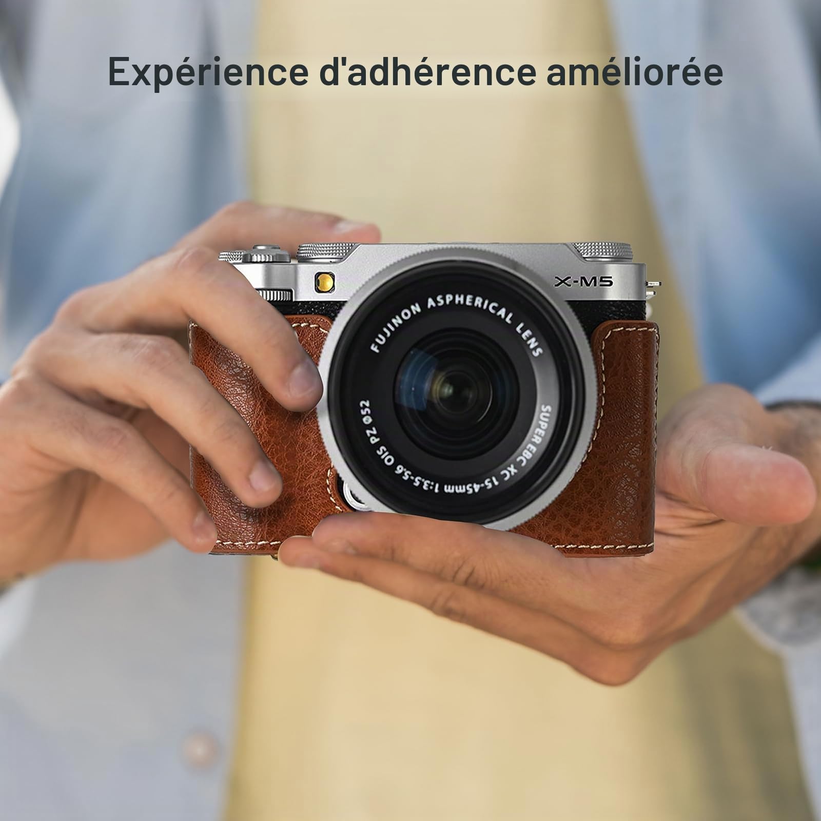 Étui de protection Fujifilm X-M5 sans miroir, demi-coque avec coque avant et bandoulière, bouton pression, café