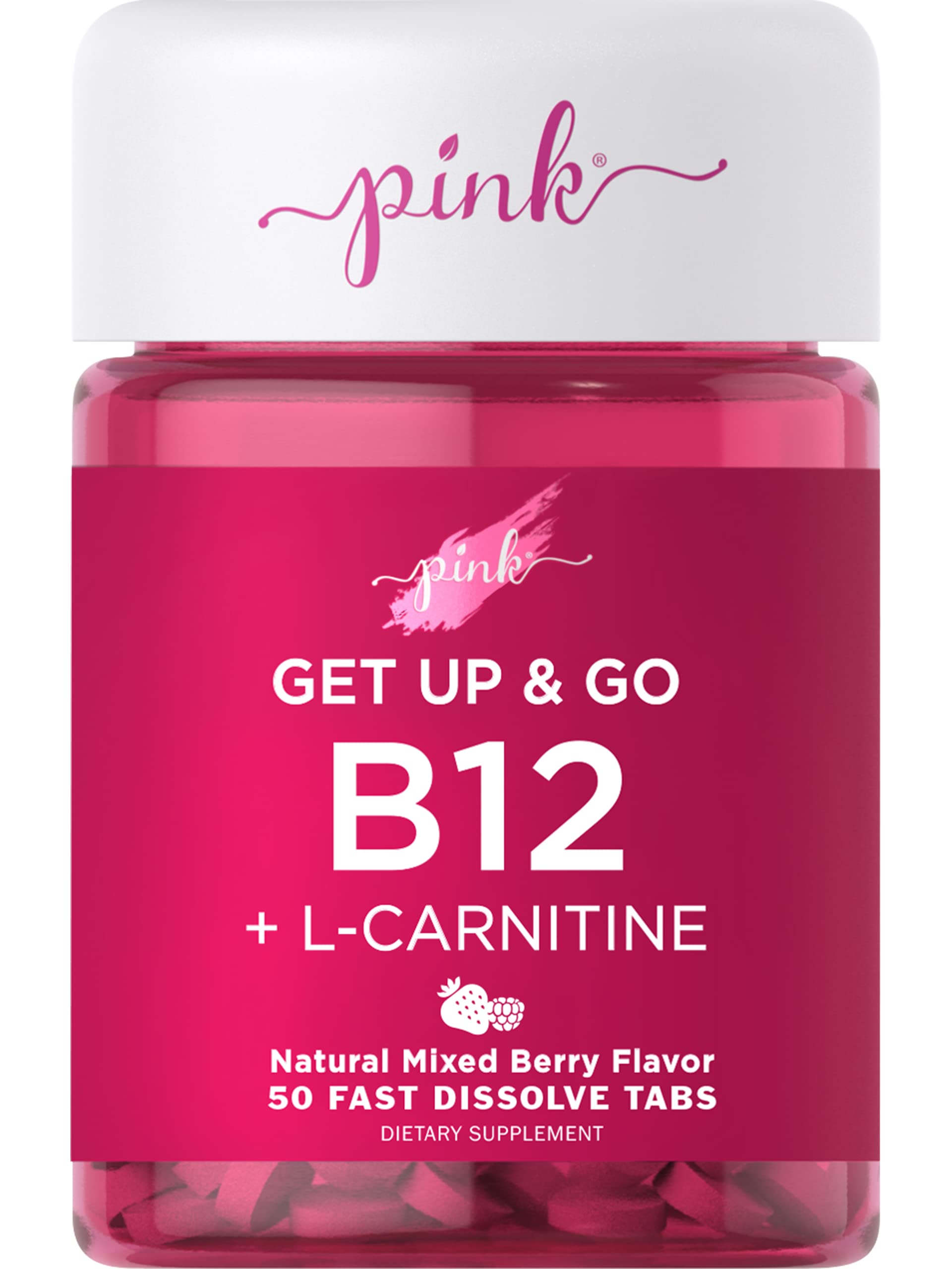 Pink B12 5000 mcg + L-Carnitine | Get Up & Go | 50 Dissolvable Tablets | Vegan, Non-GMO, Gluten Free Supplement for Women