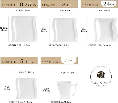 Vista 2 de MALACASA Ivory White Dinnerware Sets, 30-Piece Porcelain Plates and Bowls Sets, Modern Dish Set for 6, Square Plates Dinnerware Set Kitchen Dishware