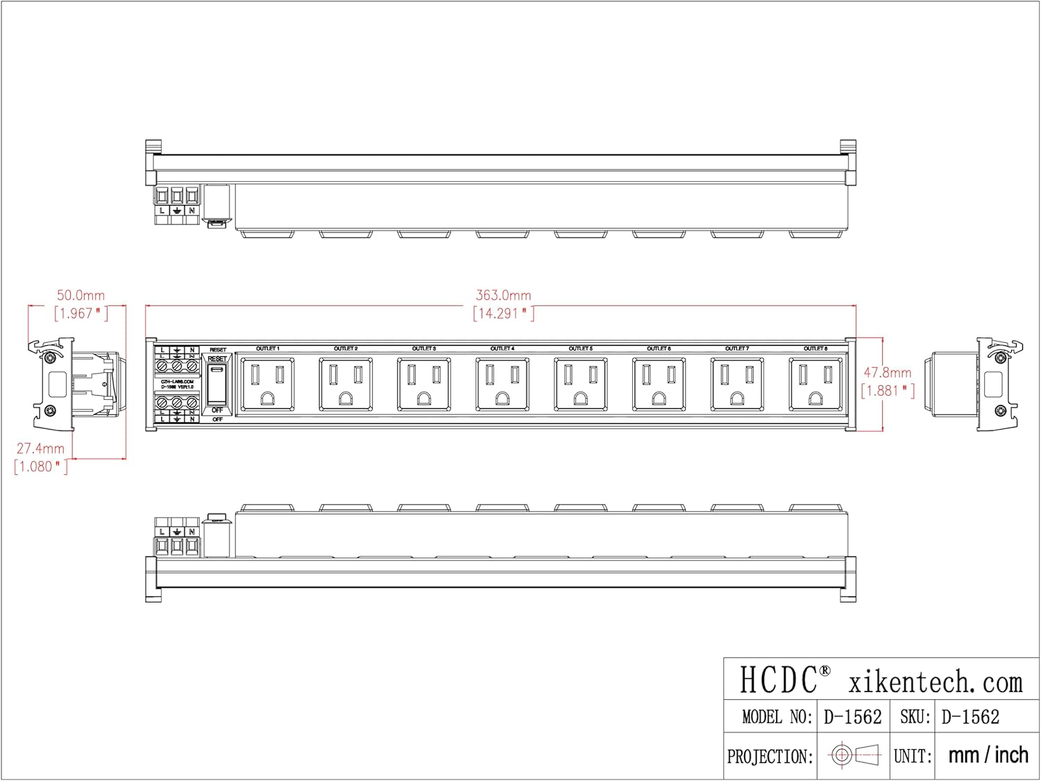 DIN Rail Mount AC 120V NEMA 5-15R Receptacle Outlet Power Strip Module, with Rocker Switch Thermal Circuit Breaker Overload Protector (8 Outlets)