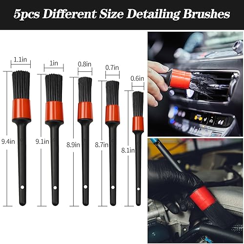 Miniatura 2 de Juego de 9 cepillos para detalles de automóvil, 9 piezas para limpiar rejillas de ventilación de automóvil, bahías de motor, tablero, ruedas, cuero
