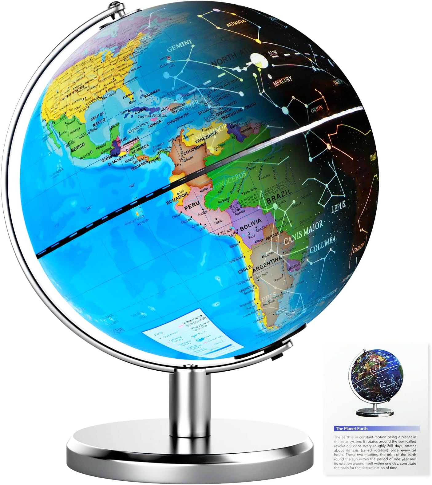8'' Illuminated World Globe with Constellation Night Light, Educational Light Up Globe for Kids & Adults, Earth Geography Learning Globes, Desk Home Office Classroom Decor & Gift, 11.5'' Tall