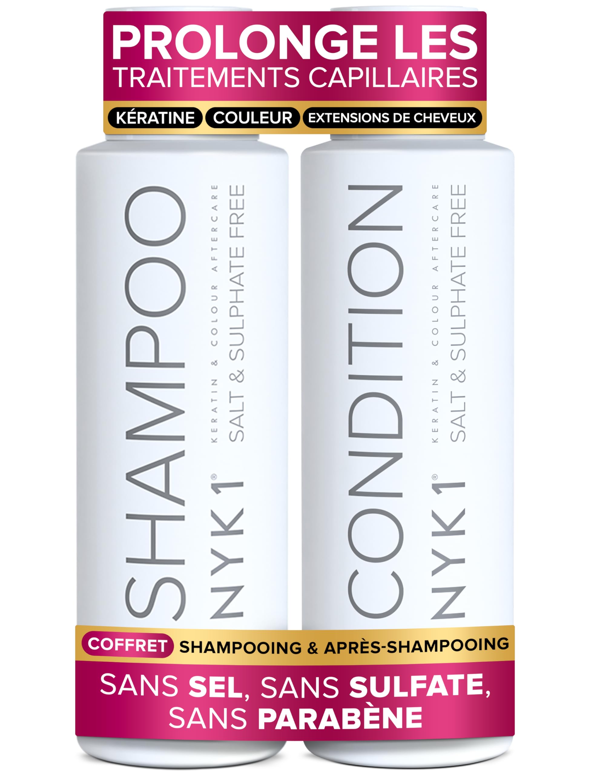 NYK1 Coffret Shampooing Et Apres Shampoing Sans Sulfate (500ml x2) Ensemble Shampoing Sans Sulfate Pour Extensions, Coloration Et Soin Kératine - Nettoyage En Douceur Et Prévention De La Casse