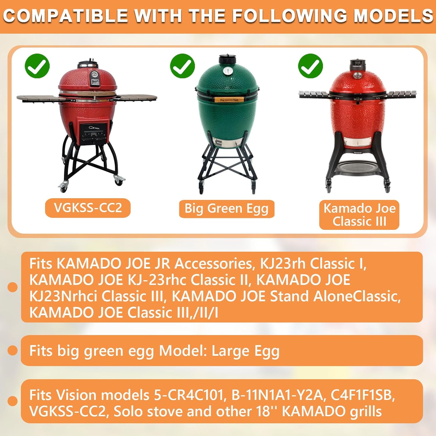18" Grill Grate & Griddle Replacement for Kamado Joe Grill Accessories Classic III, II, I Stand-Alone, Solo Stove, for Large Big Green Egg Cast Iron Grate, Vision Parts VGKSS-CC2, B-11N1A1-Y2A