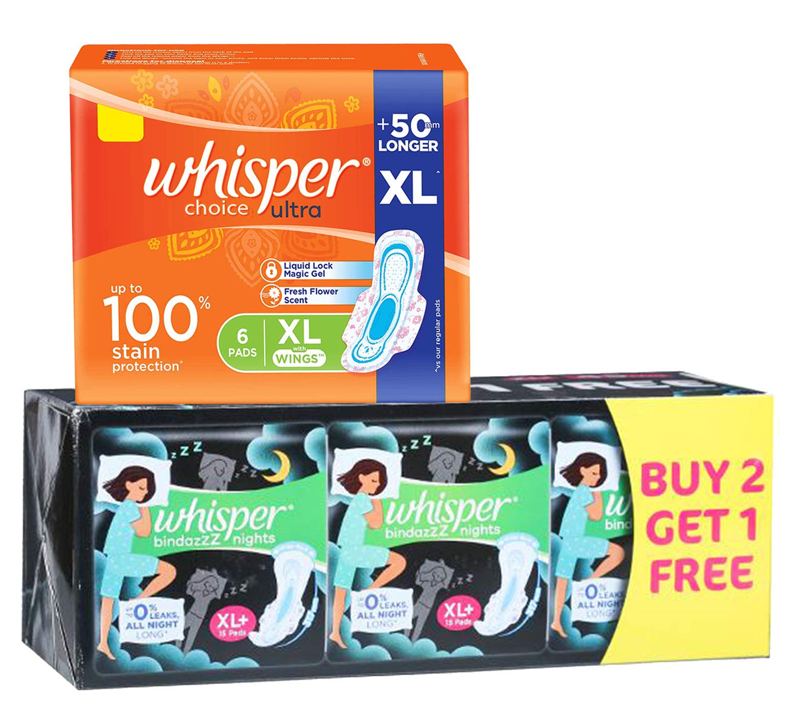 WhisperBindazzz Nights X-Large PlUS, 15 X 3, 45 Pads + X-Large, 6 Units