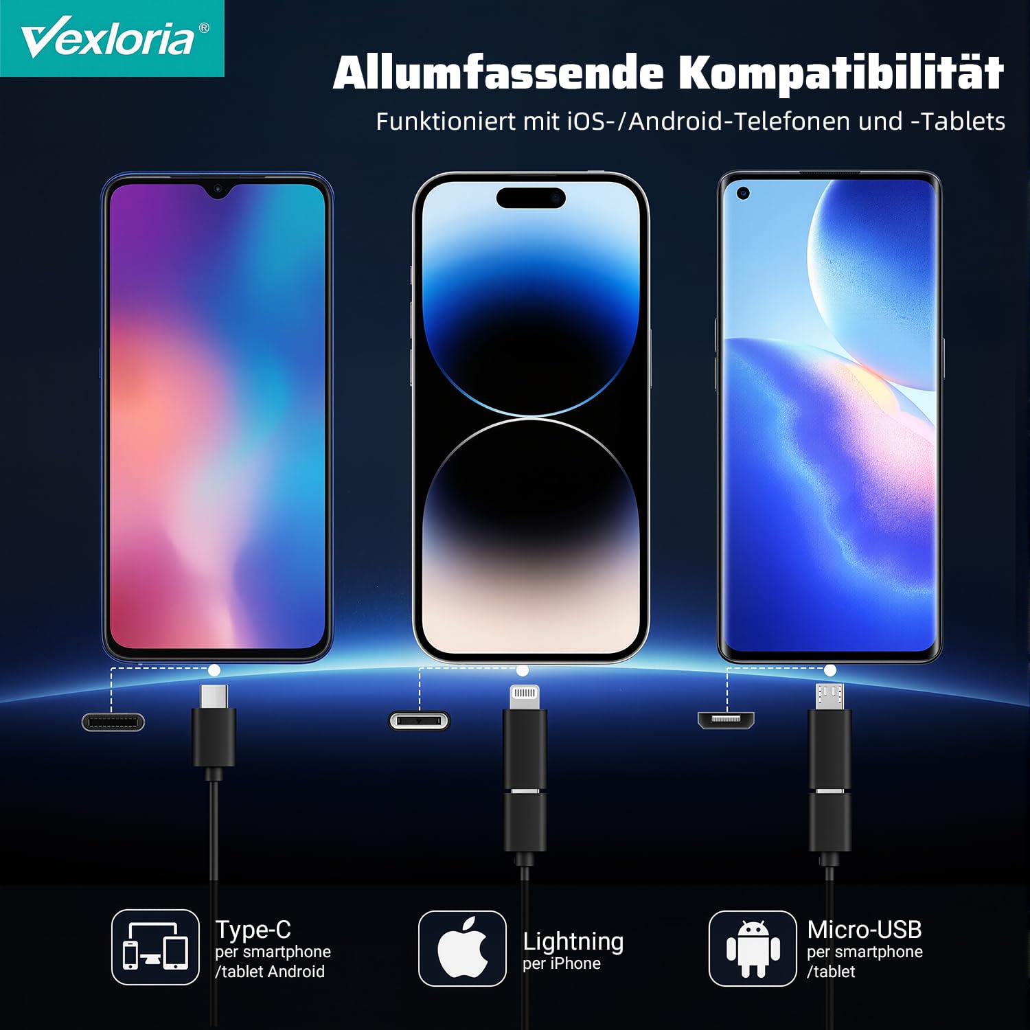 Vexloria Endoscopio per Smartphone, Doppia Lente 1920P HD Telecamera Endoscopica, IP68 Impermeabile Endoscopio con 8 LED Cavo Semirigido, non c'è bisogno di Wi-Fi Compatibile con iOS e Android