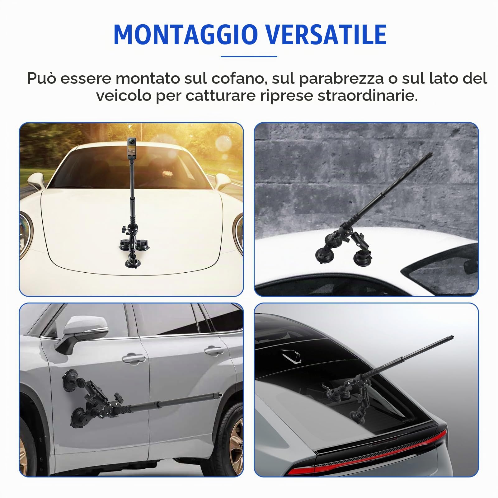 Kit Suppoto Ventosa Tripla Auto, Supporto a Tripla Ventosa e Morsetto con Bastone Selfie 120 cm, Staffa per Auto in Terza Persona, Supporto Fotocamera per Insta360/per Gopro Action Camera