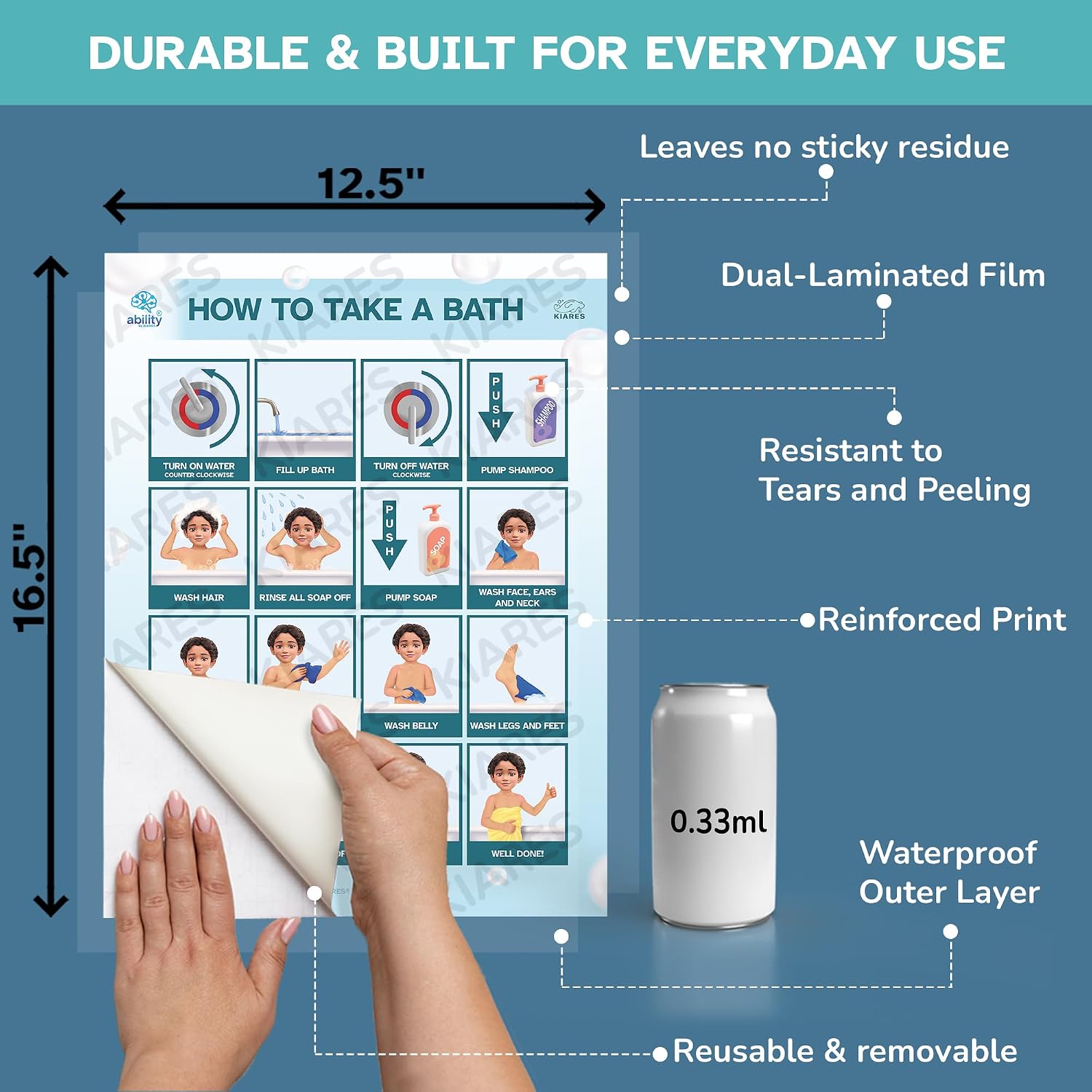KIARES Shower Chart for Kids- Sticker Poster Steam-Safe, Step-by-Step Visual Schedule in 16 ethnicities (Biracial Boy)