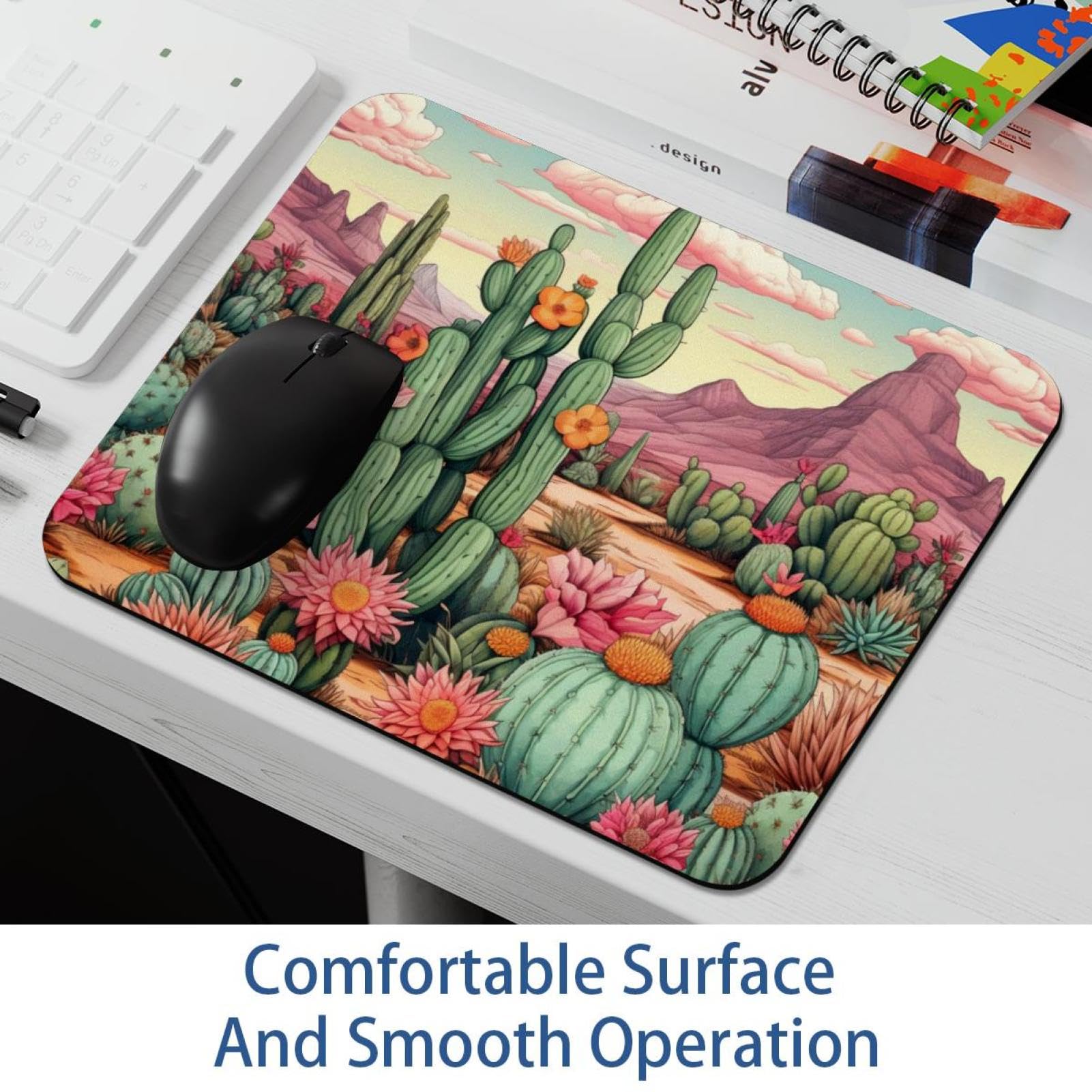 Tappetino per mouse quadrato, motivo fiori di cactus, senza cuciture, 19 tappetini per mouse lavabili, con base in gomma antiscivolo, tappetino per mouse senza fili, facile scorrimento
