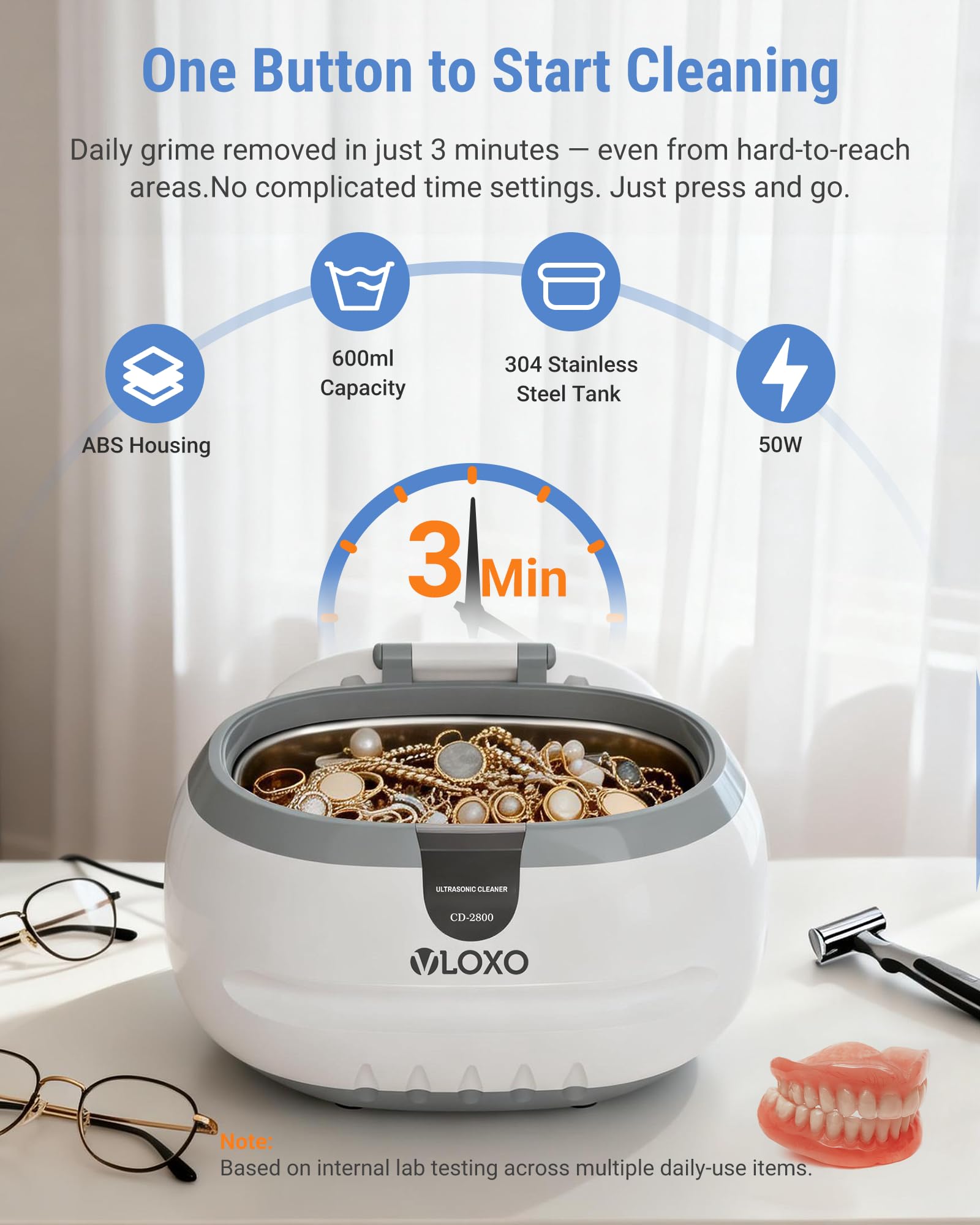 600 ml Dispositivo di pulizia a ultrasuoni - VLOXO Pulitore ad ultrasuoni 42kHz per occhiali, orologi, gioielli, orecchini, collane, rasoi, protesi dentarie, utensili, pennelli cosmetici, 50W, vasca