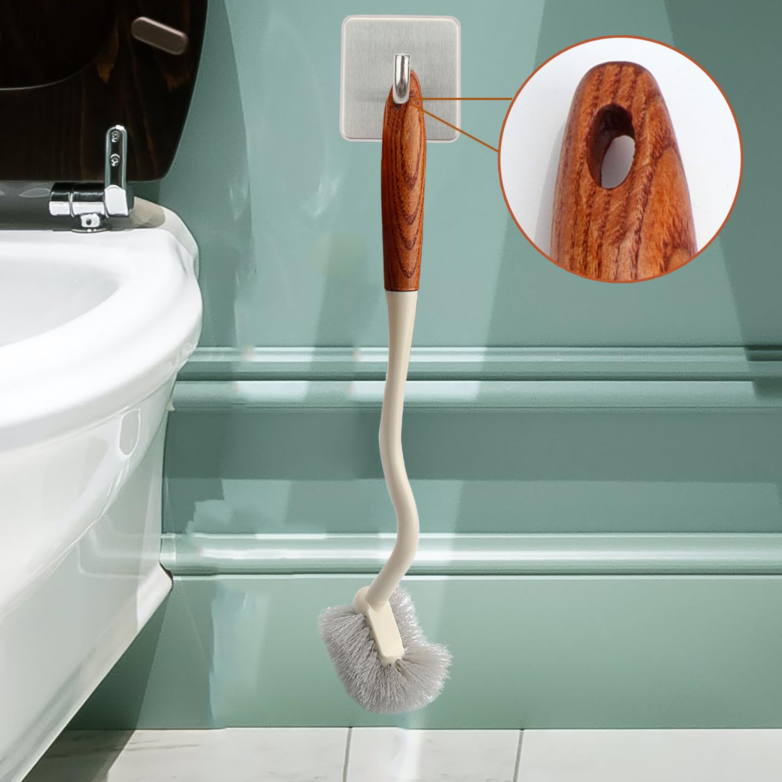 Scopino Per WC Con Pulizia Bordi - Design Curvo, Manico Lungo 40 Cm, Setola Densa, 2 Pezzi Con Gancio