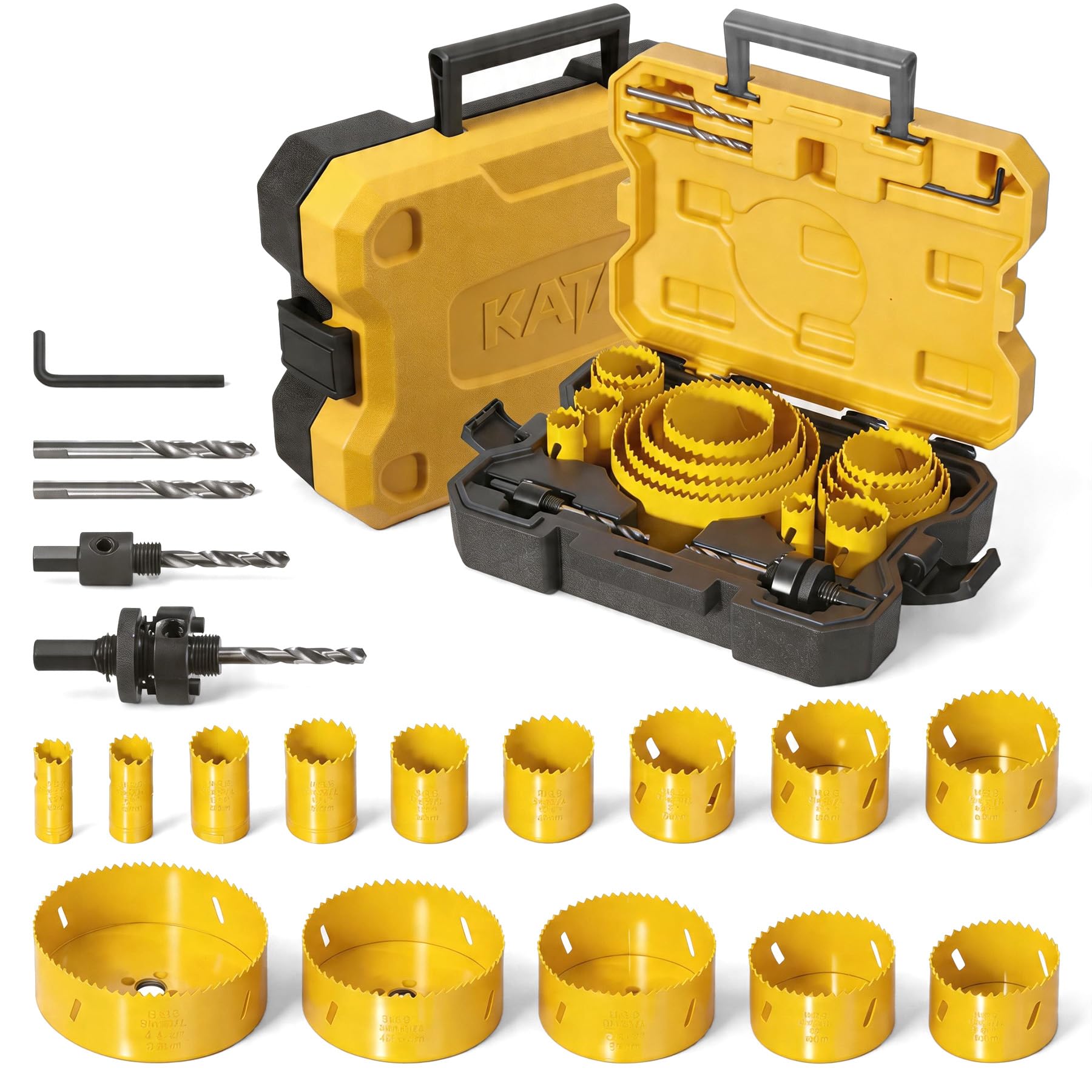 KATA Kit de sierra perforadora bimetálica, juego de 19 piezas de sierra perforadora de acero de alta velocidad con 19-121 mm, 14 hojas de sierra perforadora en caja con mandriles, broca, llave