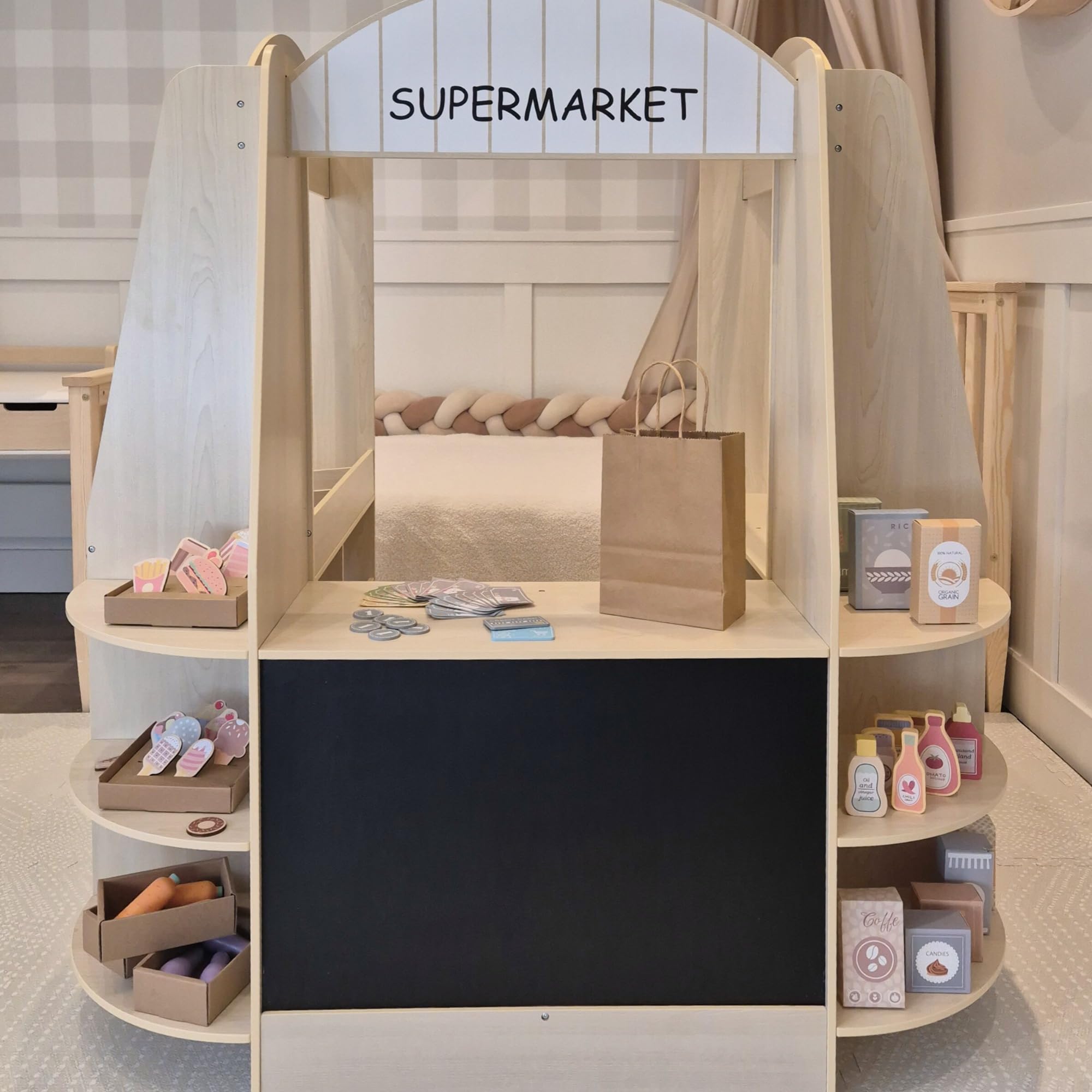 Mamabrum Grande Negozio di Legno per Bambini - 91 Pezzi per Gioco di Shopping con Lavagna, Frutta Verdura Cassa Accessori Educativi Divertimento 3+