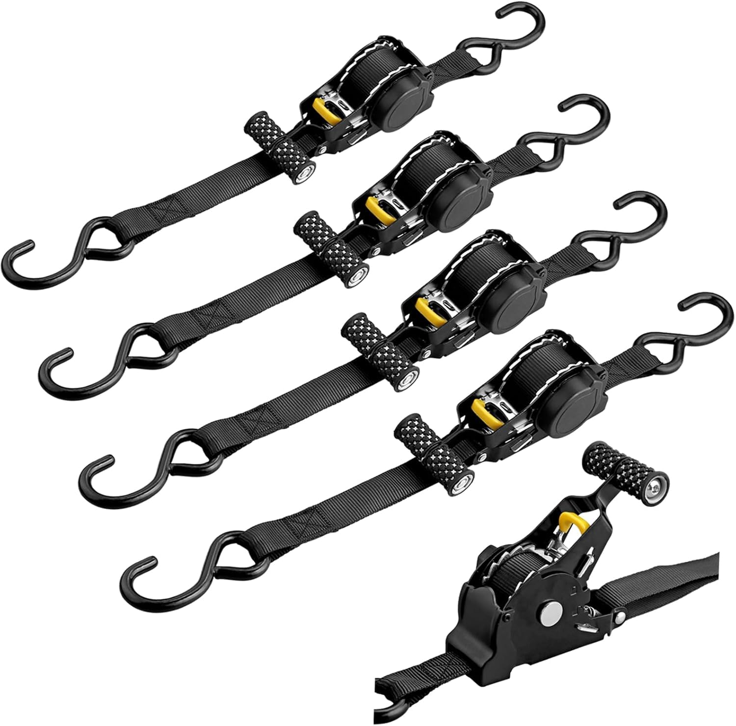 EYPINS 4 Pièces Sangle à Cliquet Auto-Rétractable avec Poignée 25mm x 3.3m,Capacité de Charge Directe 340kg,en U 680kg-Pour Remorque,Moto,Voiture Résistance aux UV et Usure Conforme en 12195-2