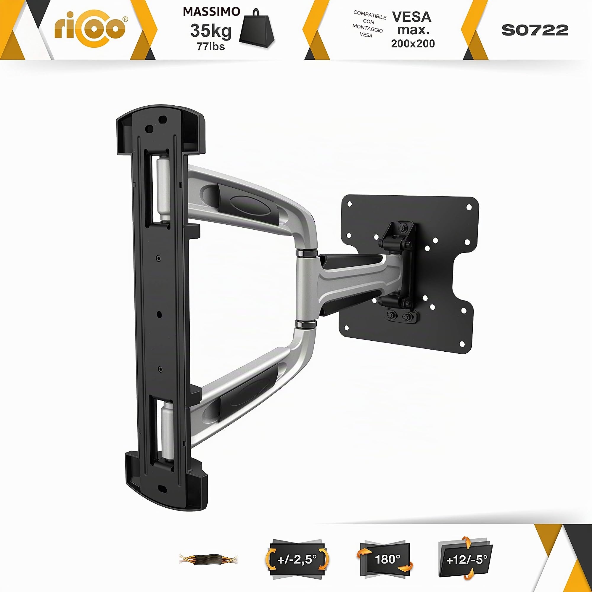 RICOO S0722 Supporto TV da parete Staffa TV 17-55 pollici per 17 32 40 42 43 47 50 55 pollici girevole inclinabile fino a 35 kg max VESA 200x200