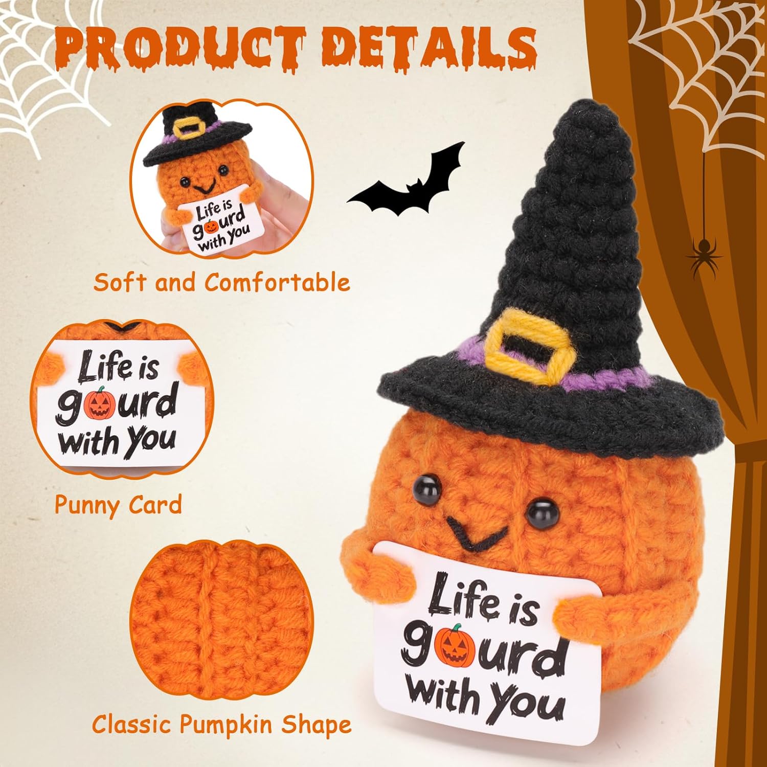 Positive Crochet Pumpkin with Encouragement Card – Handmade for Women, Positive Crochet Doll for Desk and Room (Pumpkin) - Image 3