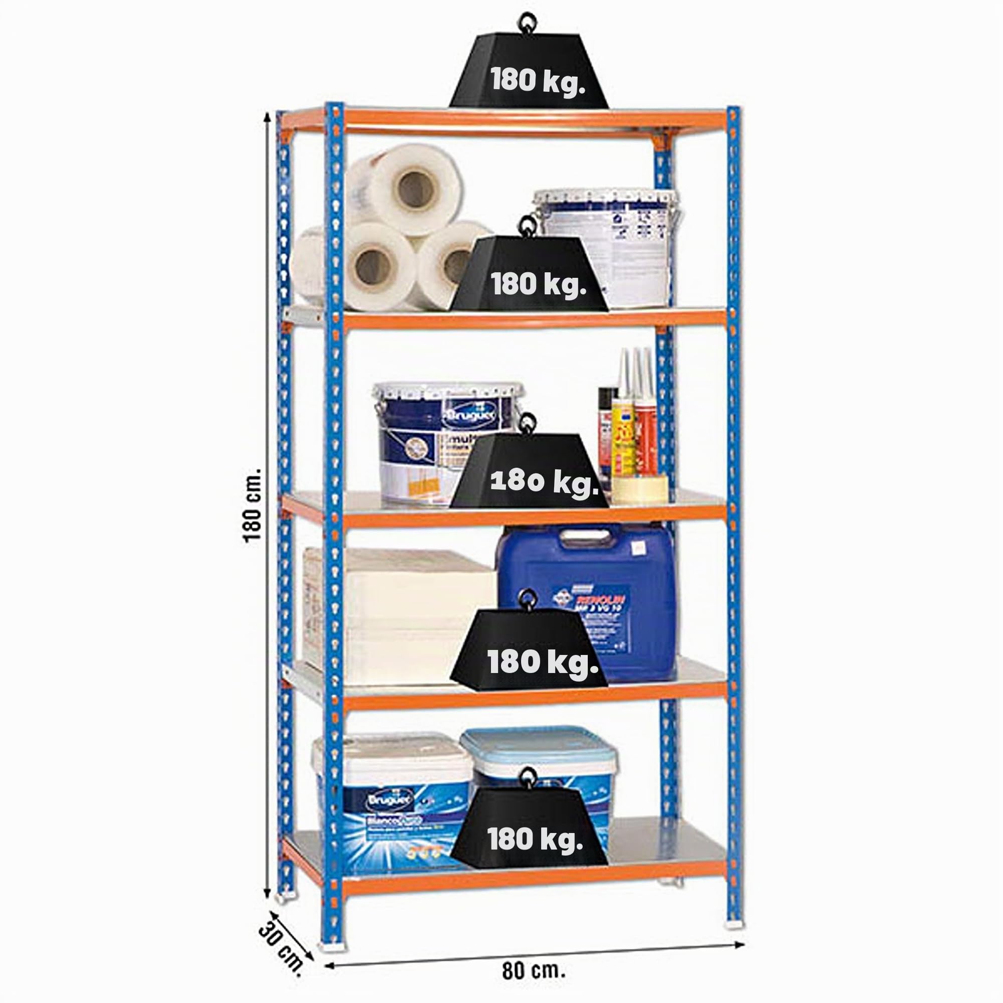 SimonRack Estantería Metálica Almacenaje, Sin tornillos, 5 Baldas, Alta Capacidad Carga 180 kg, 1800x800x300 mm, Estantería Garaje Trastero, Azul/Naranja/Galva