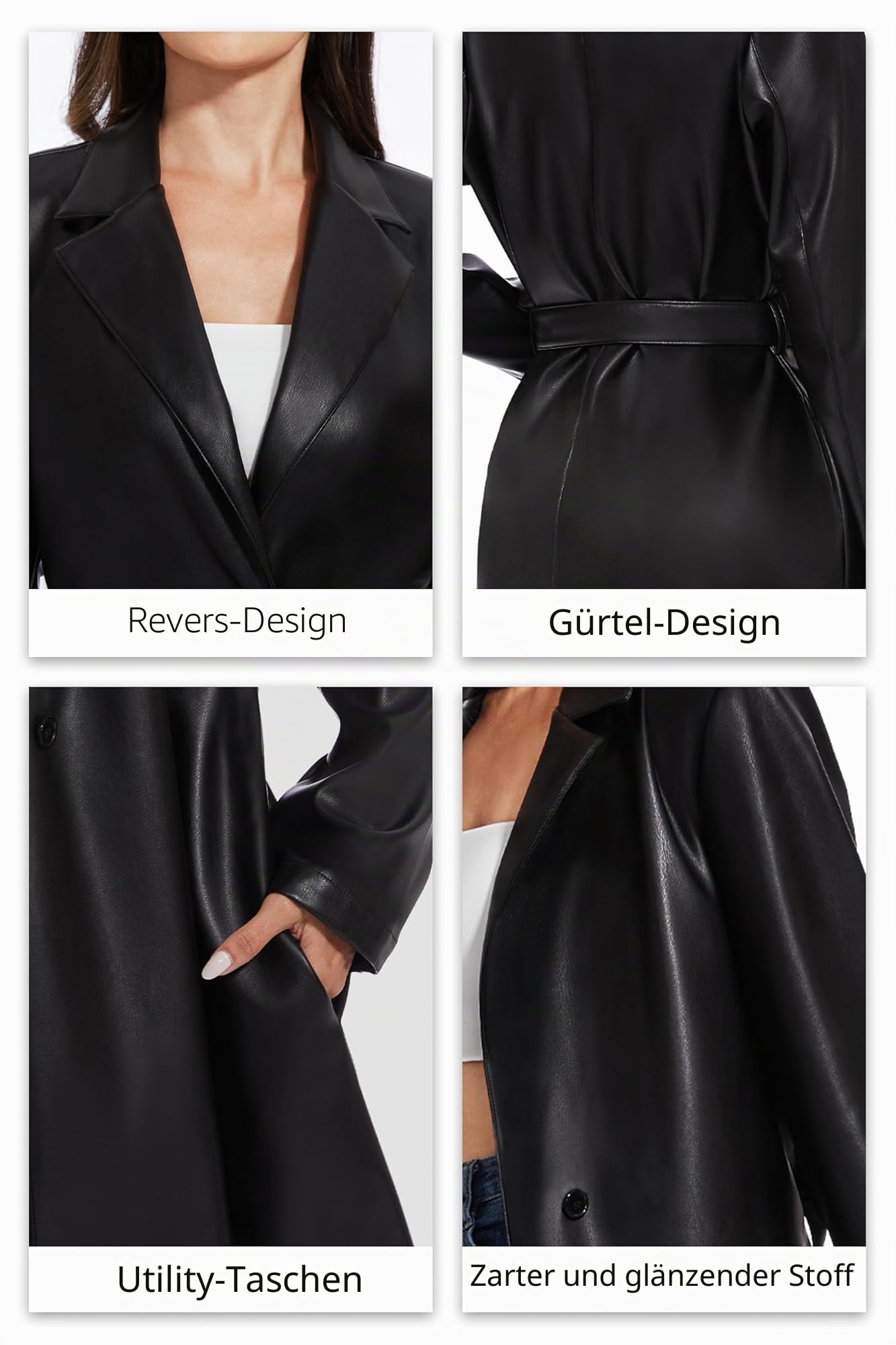 Fahsyee Damen Kunstlederjacke Trenchcoat Bikerjacke Mantel Lang Schwarz | Kunstleder PU im Bikerjacken-Stil, lang geschnitten, mit Gürtel zum Binden Knopfleiste