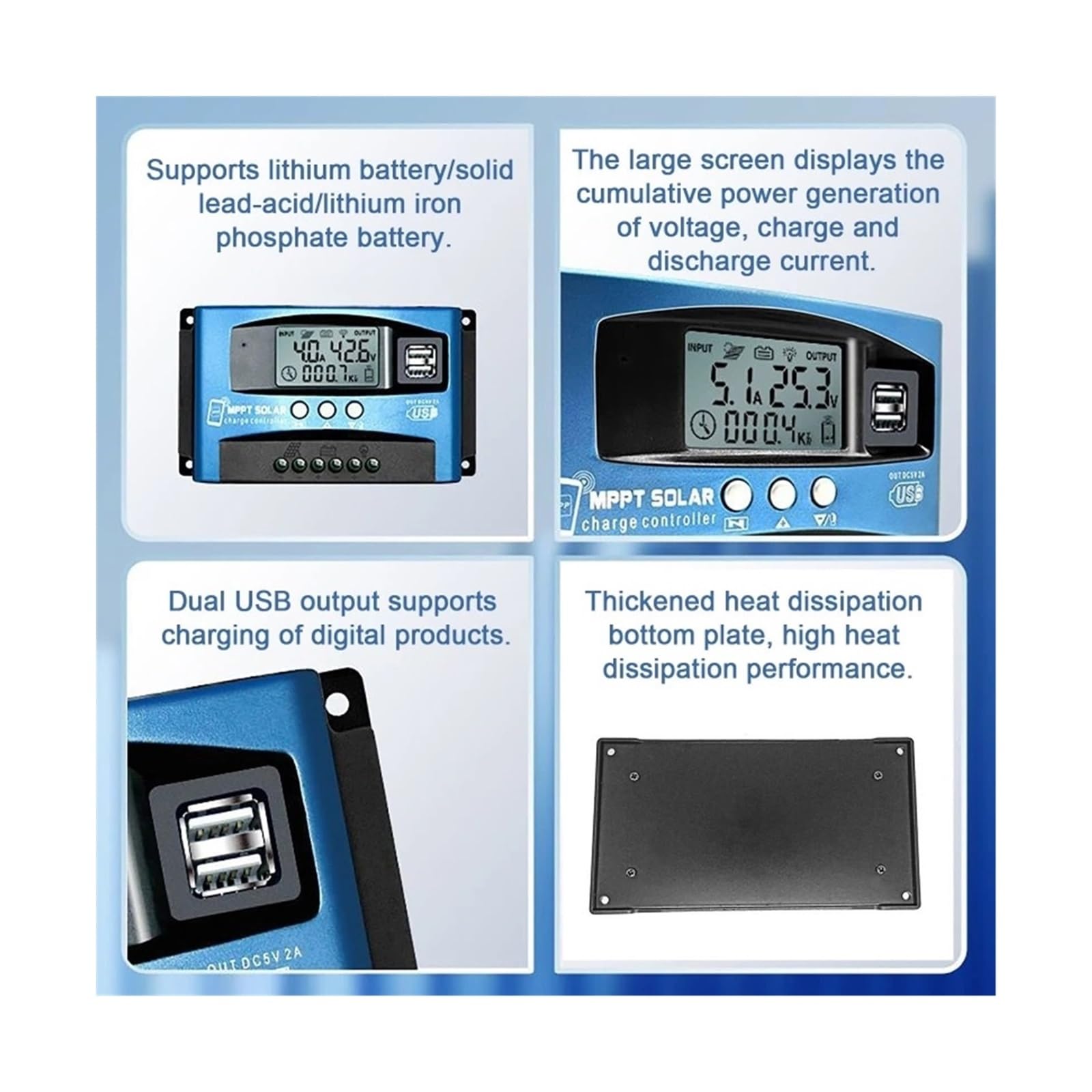 Kontroler ładowania słonecznego, 12V 24V WiFi Bluetooth MPPT Regulator Ładowania Słonecznego Z Wyświetlaczem LCD Podwójny Port USB Do Baterii Litowo-ołowiowej 100A 60A 40A 30A(Only bluetooth,100A)