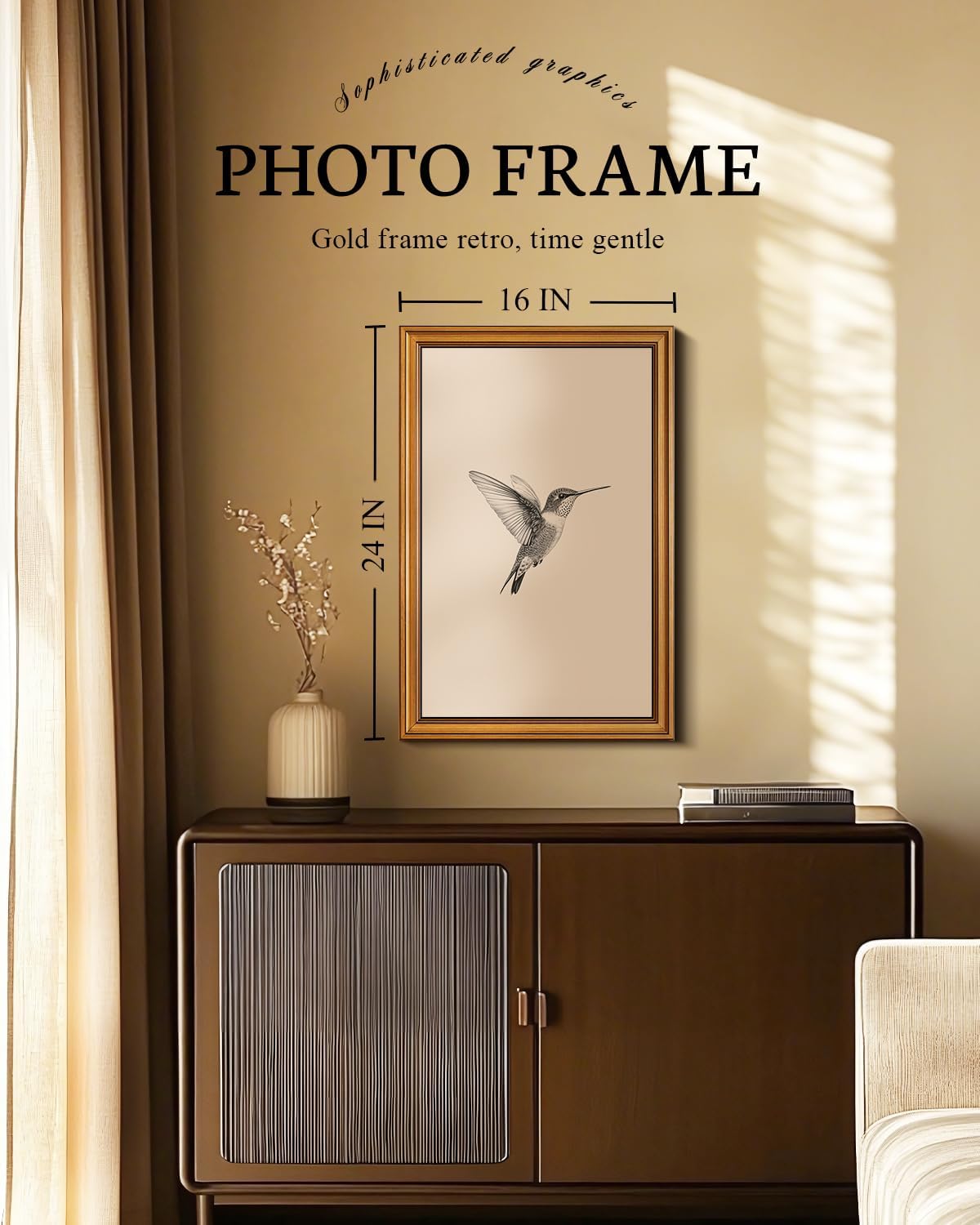 VIYYIEA Vintage Gold Framed Wall Art for Living Room, Birds Canvas Prints Home Decor, Sketch Painting Picture, Bedroom Wall Decor Gifts for Friends or Family -?Hummingbird?-(24L x 16W) ?Hummingbird? 24"L x 16"W