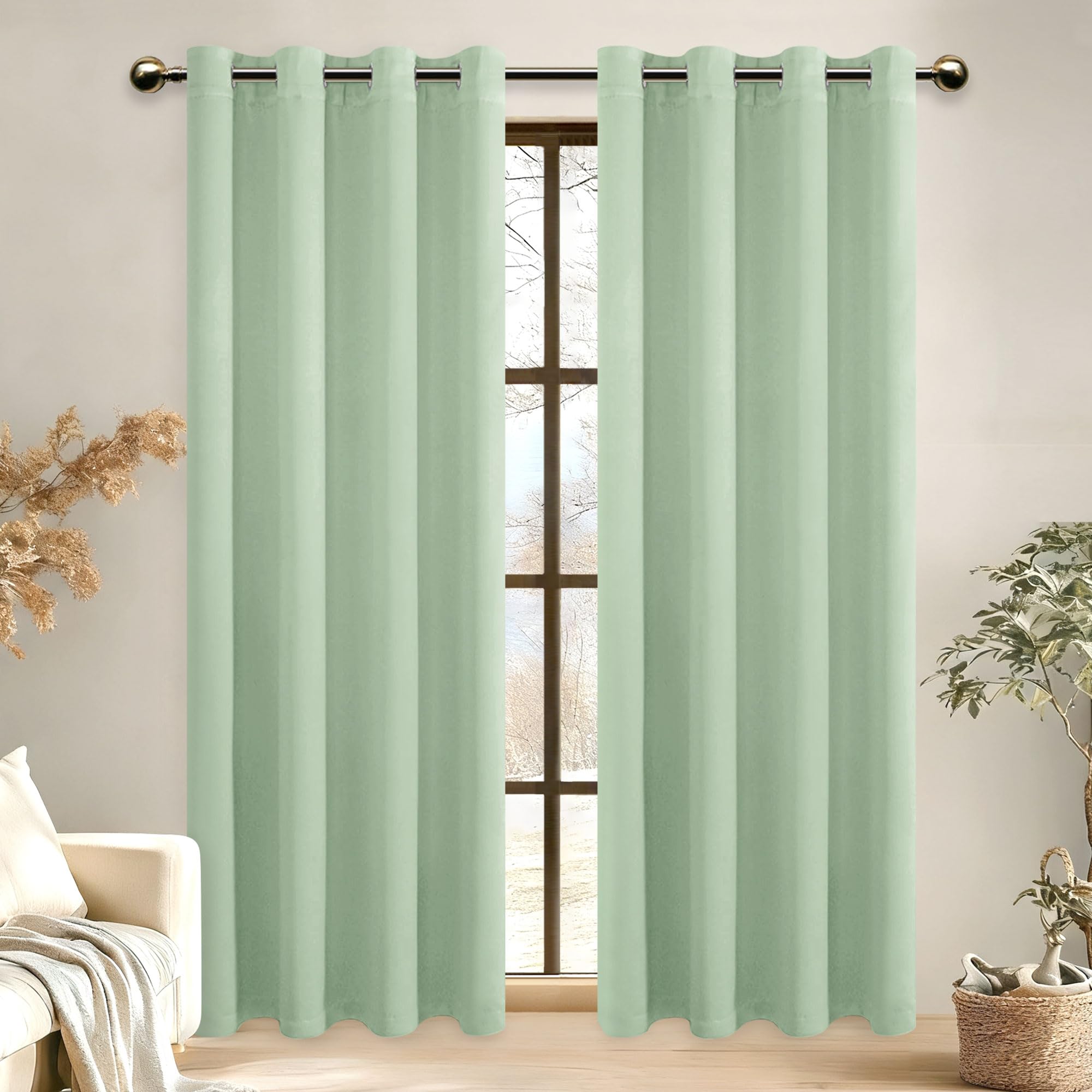 DWCN Eyelet Blackout Curtains 84 Inches Drop Thermal Insulated Solid Eyelet Curtains for Nursery Bedroom Bean Green 2 Panels — image 1