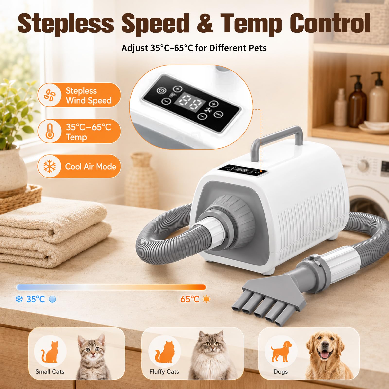 Sèche-cheveux pour chien avec écran tactile LED | Vitesse du vent et températures réglables, 3 buses différentes