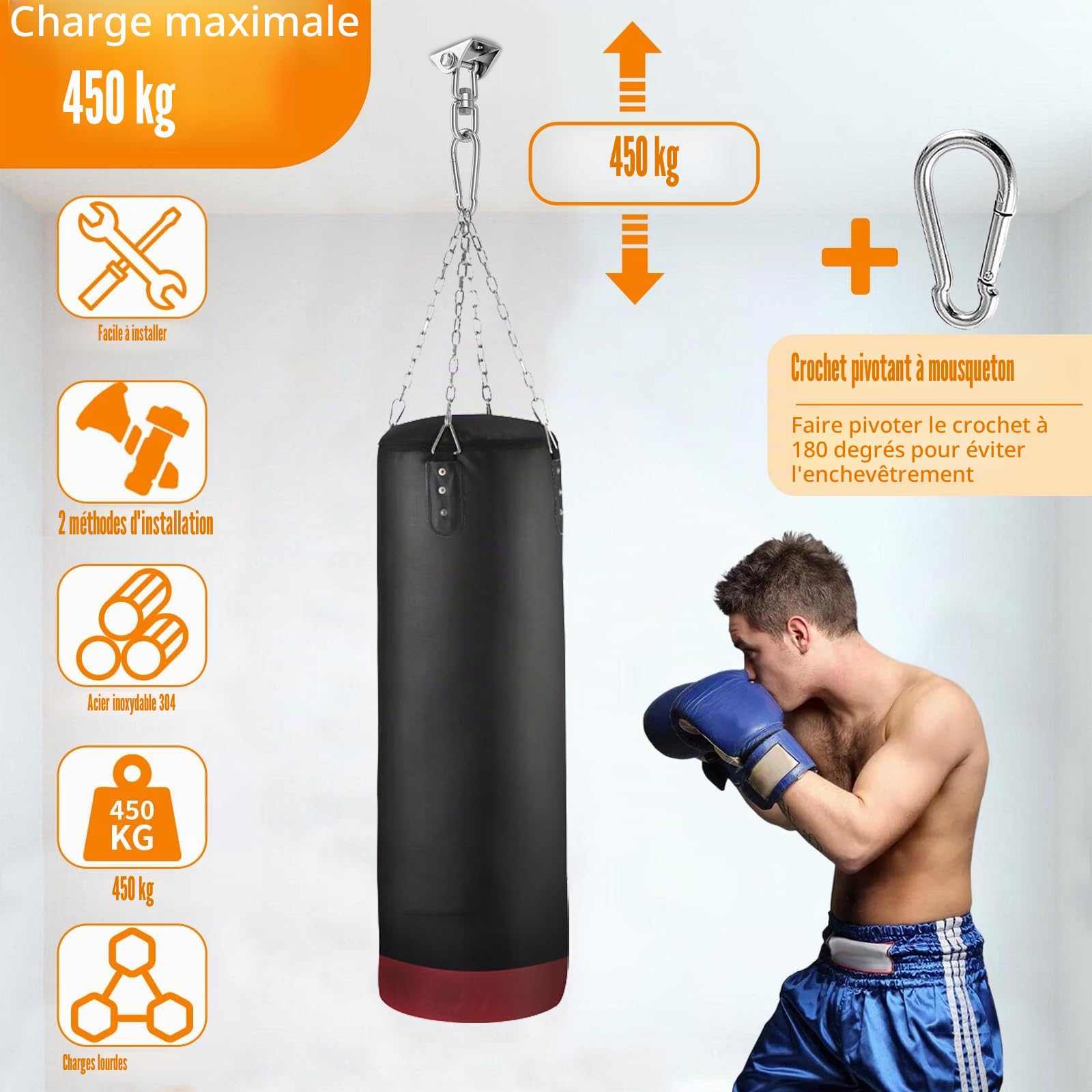 2 Pièces 360° Rotation Crochet Plafond Charge Lourde, Support Sac Frappe avec Vis Fixation, Crochet Suspension Acier Inoxydable pour Chaise Suspendue, Balançoire, Serviette Yoga (450kg Capacité)