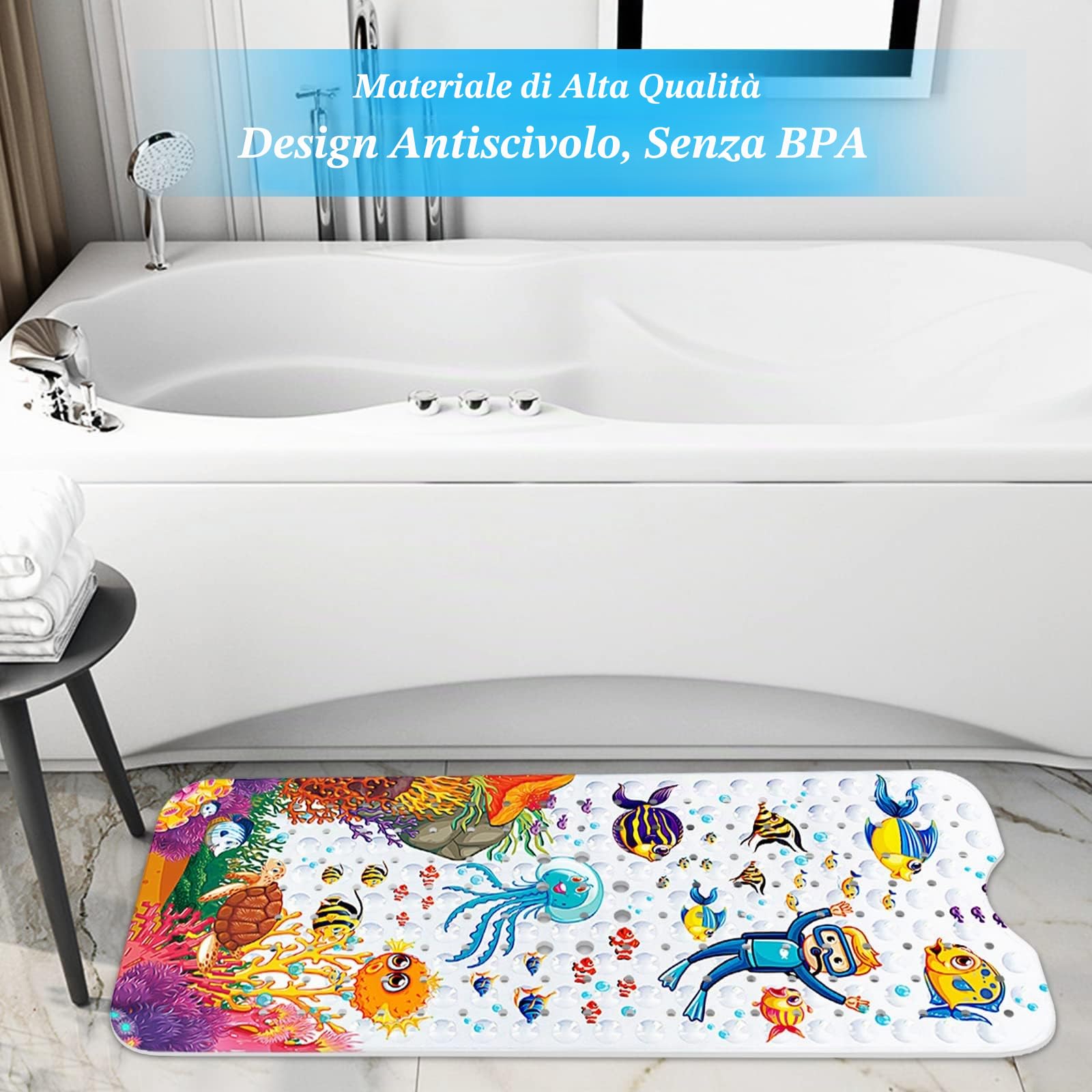 JOYBOY Tappetino Vasca Antiscivolo,100*40cm Tappetino Antiscivolo per Vasca da Bagno,Tappetino per vasca da bagno con 200 Ventose e Stampa di Oceano Animali a Colori Vivaci,Lavabile in Lavatrice