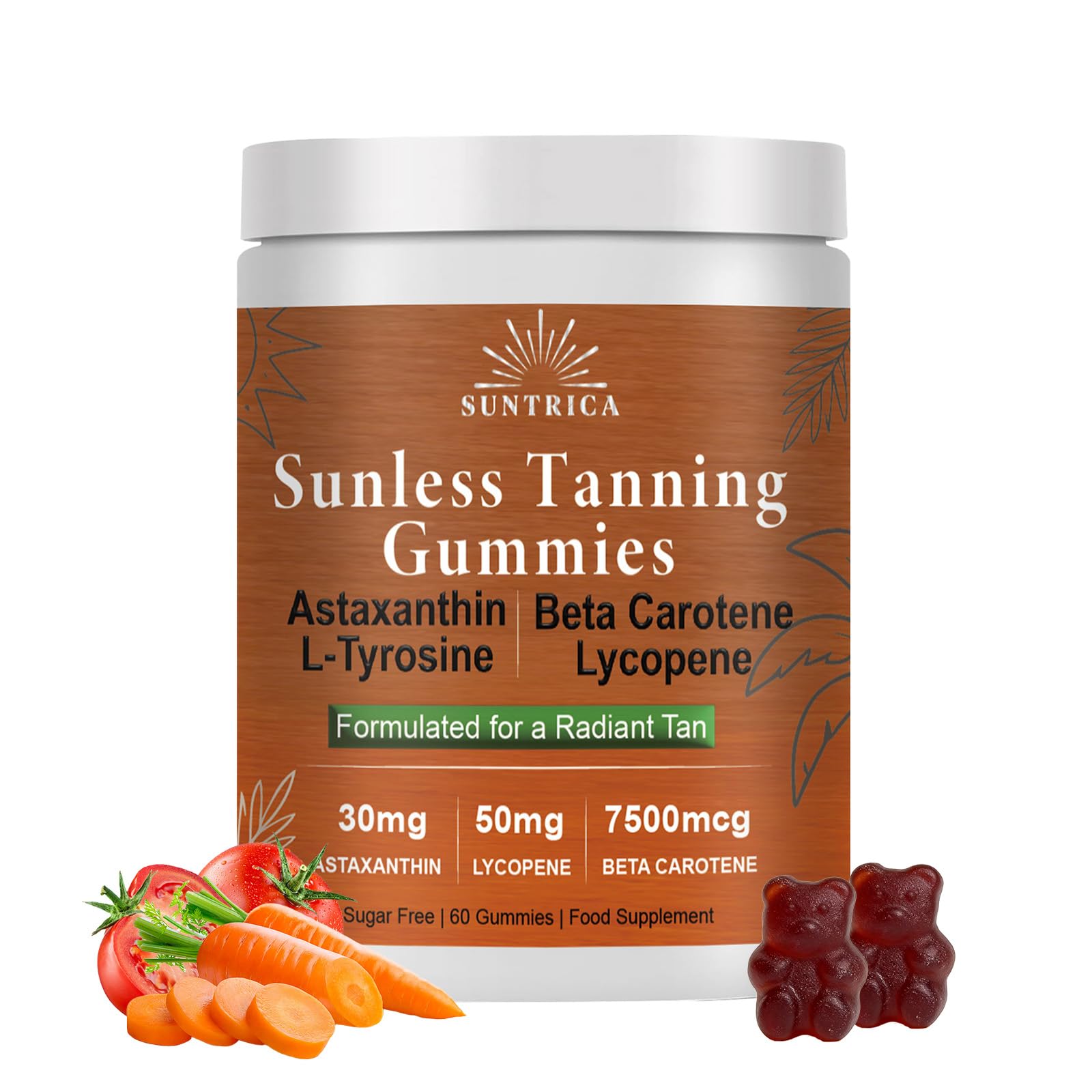 Gummies Bronceadoras Gominolas Autobronceadoras Sin Sol con Betacaroteno, Licopeno, Astaxantina y L-Tirosina - Potenciador de Bronceado - Vegano, Sin Azúcar - 60 Gummies Sabor Piña