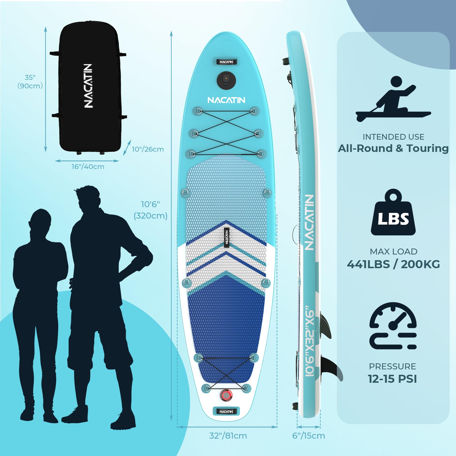 NACATIN - Tableros hinchables de 10'6" con Remo Ajustable Mochila de Viaje, Bomba, Bolsa Impermeable de 10L, Correa, Accesorios incluidos