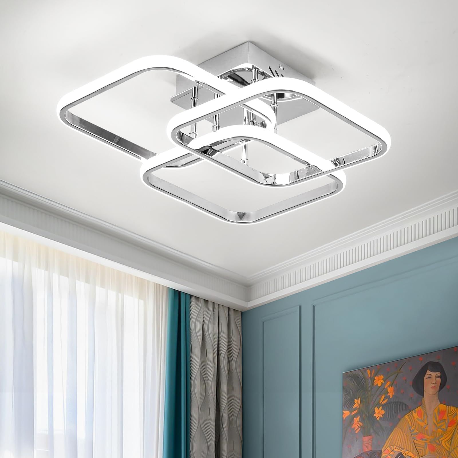 Modern Ceiling Light LED, 50cm 40W Silver LED Dimmable Ceiling Lights Fixtures with Remote Control, 3000K-6500K, 3 Square Ceiling Lamp for LivingRoom DiningRoom Bedroom Kitchen Hallway indoor - 45W