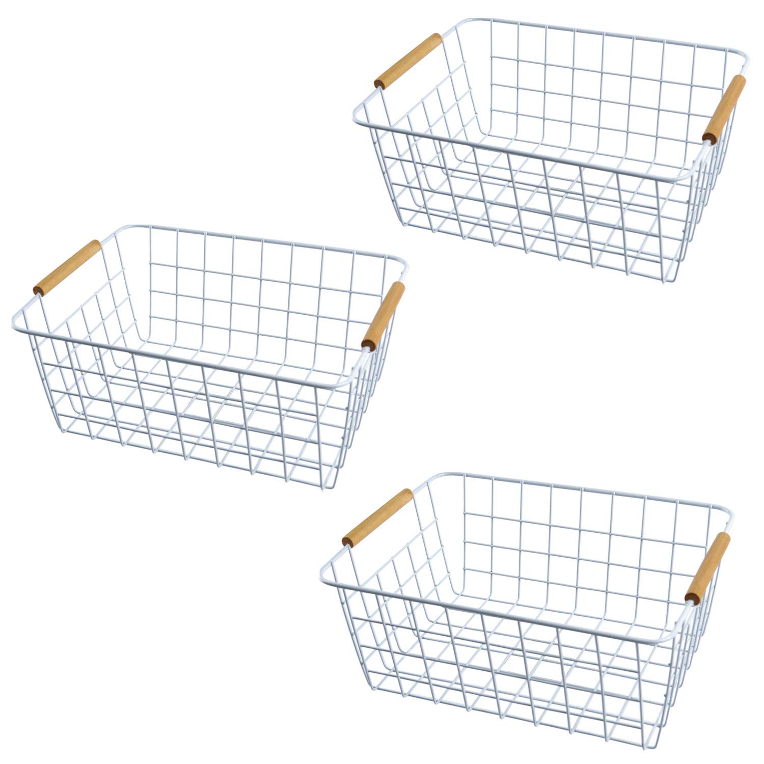 Buy Set of 3 Metal Wire Basket with Wooden Handles, Open Wire Storage