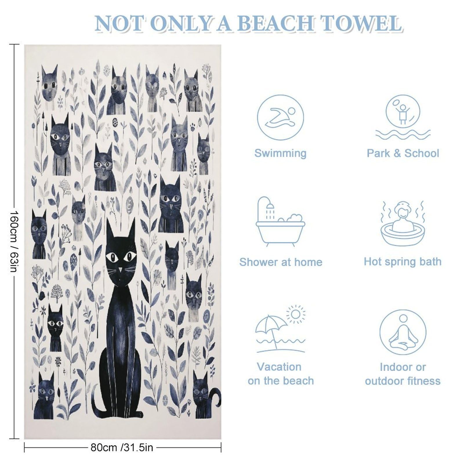 Simple - Toallas de baño unisex de gato negro, toalla de playa ligera de secado rápido, toalla de baño para viajes, deportes, piscina, natación, baño, camping, yoga, adultos, 160 x 80 cm
