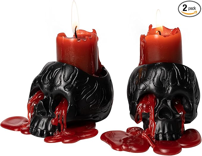 Skull Blood Candles 2 Pack - Bleeding Dripping Red Wax, Skeleton Reversing Skul Candle, Magic Skulls Candlestick Spooky Gothic Bar Decoration - 3.54 x 2.56 x 2.36-8 Hour Burn Time - Gute