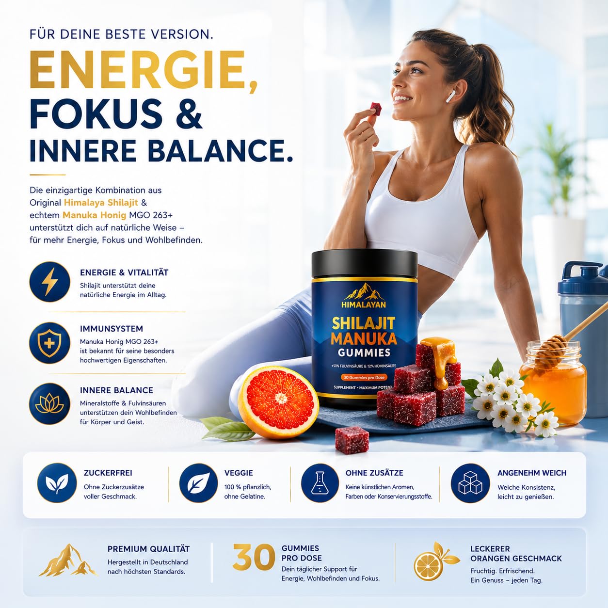 Shilajit Himalaya & Manuka Honig MGO 263 – Zuckerfreie Veggie Wohlfühl-Gummibärchen – Deine tägliche Unterstützung für Energie, Immunsystem & innere Balance