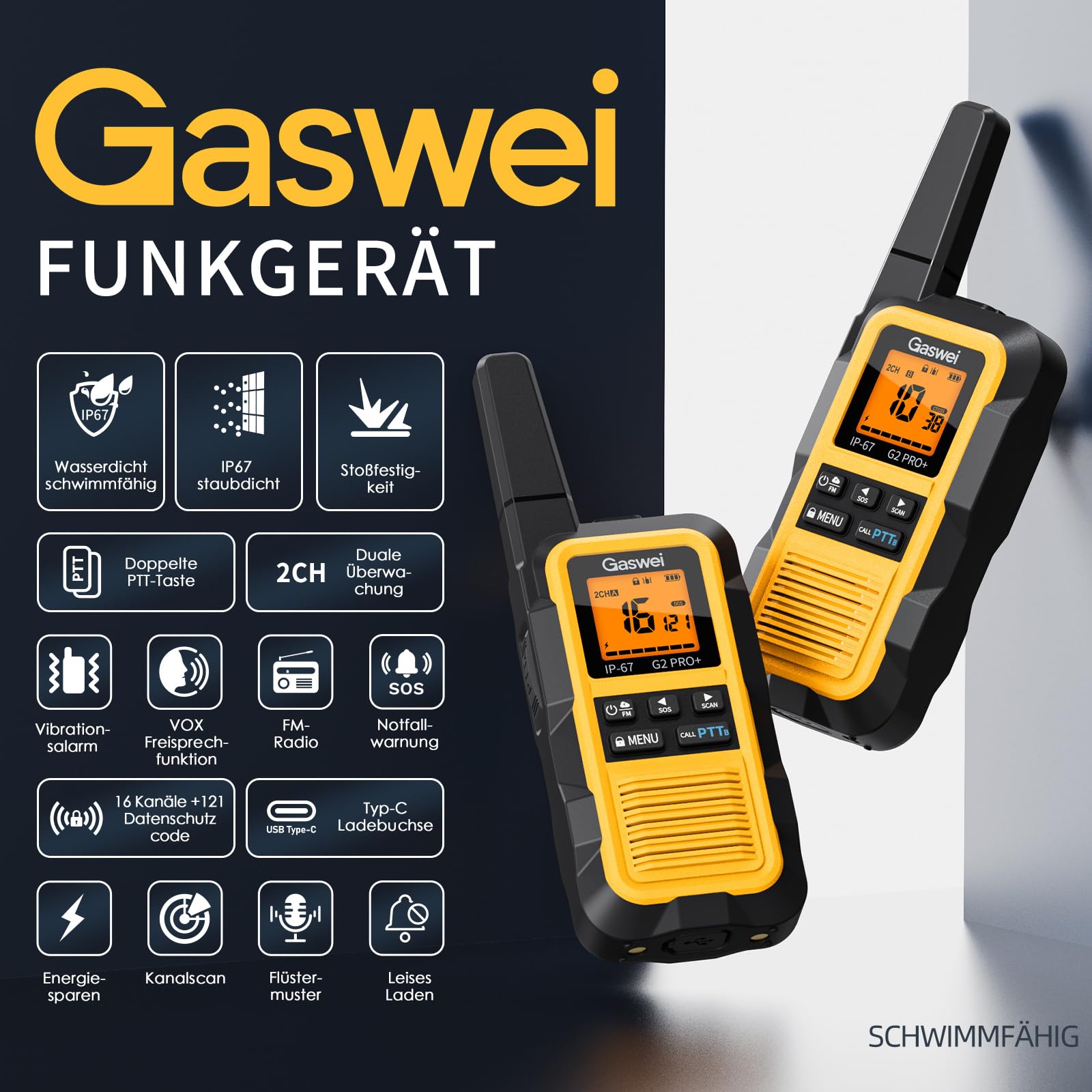 Gaswei G2Pro+ IP67 Wasserdicht Walkie Talkie FM Radio Hohe Reichweite | PMR 446 Profi Funkgerät Set mit VOX & SOS-Alarm,USB-C,Robust & langlebig ideal für Baustelle,Reisen,Camping & Outdoor