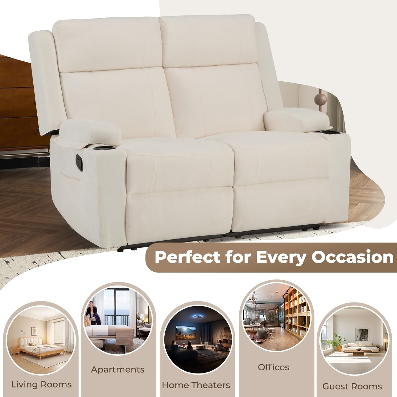 Manual Reclining Loveseat Sofa, 2-Seater Recliner Couch with Cup Holders, Fabric Reclining Sofa for Living Room/RV (Cream)