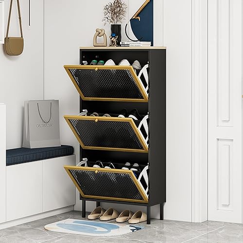 Zapatero de ratán de metal con 3 cajones abatibles, zapatero de 3 niveles para entrada y sala de estar, zapatero oculto para zapatos de cuero,