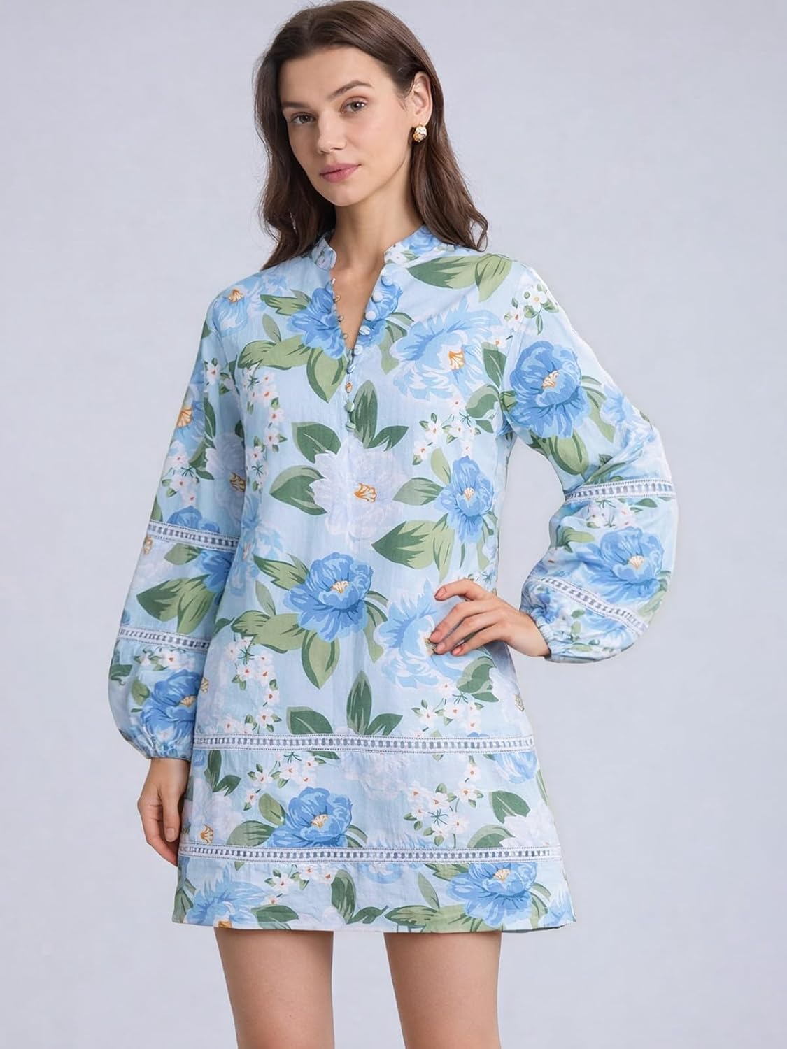 Women Floral Mini Dress Puff Long Sleeve Stand Collar Casual A Line Shift Short Dress