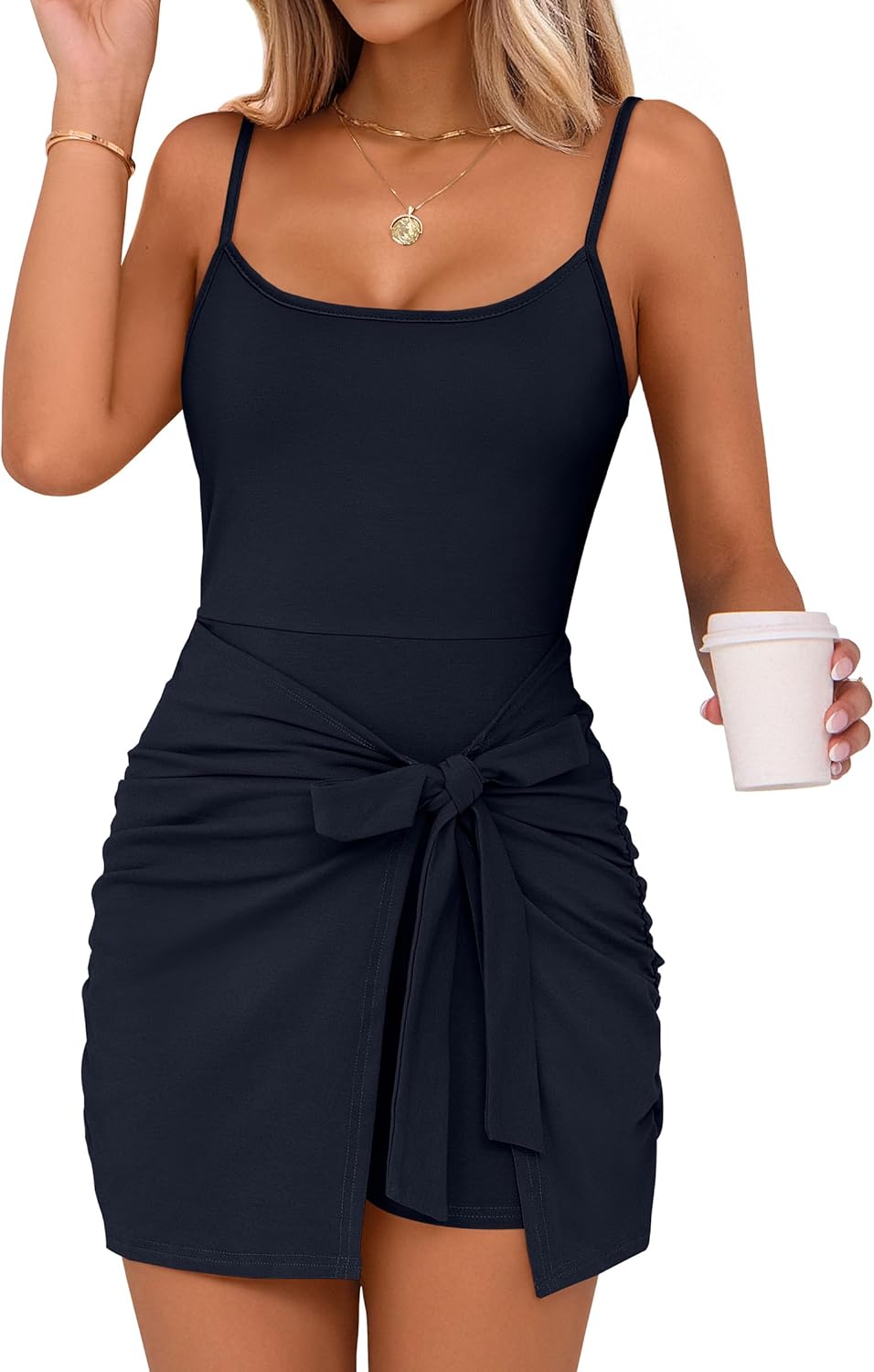 Caracilia Womens Summer Spaghetti Strap Dress Tie Waist Romper Skorts Bodycon Beach Vacation Mini Dresses Built in Shorts
