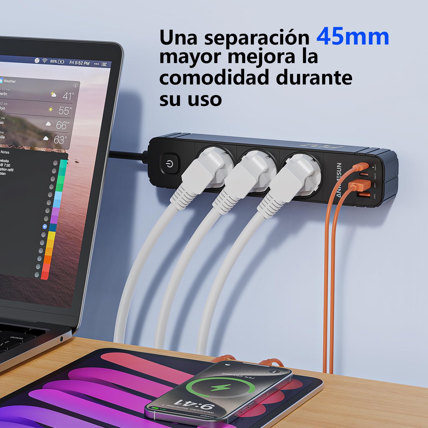 ANRMESUN Regletas Enchufes con 3 Tomas y Interruptor, Enchufe Múltiple de Carga 2 USB A y 2 USB C (PD 20W), Protección Sobretensión, Cable 1.9m, Ideal para Viajes y Hogar — view 6