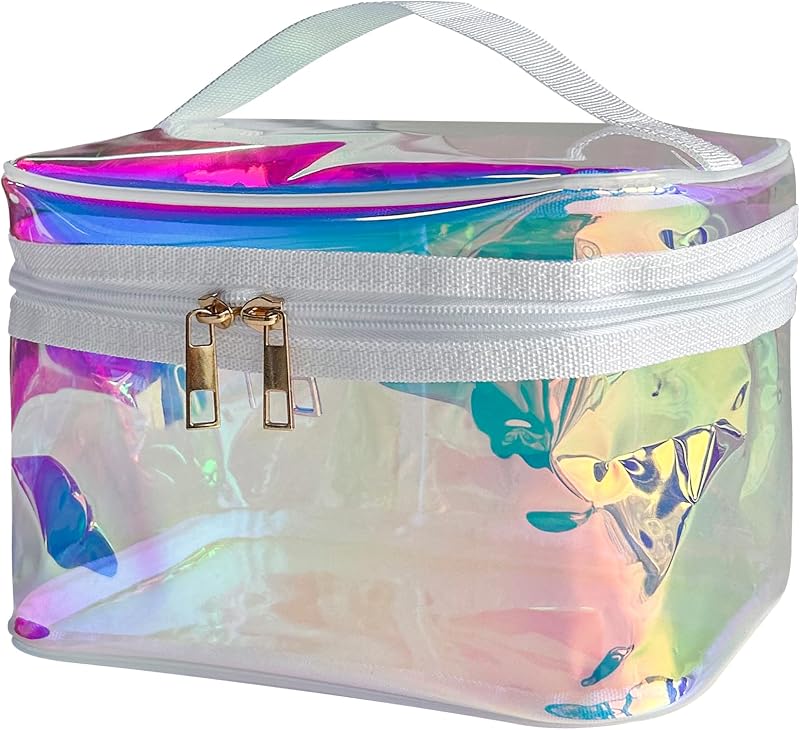 Necessaire TotePrint de maquiagem em PVC azul holográfico com alça, 20,07 x 14 x 14 cm, L