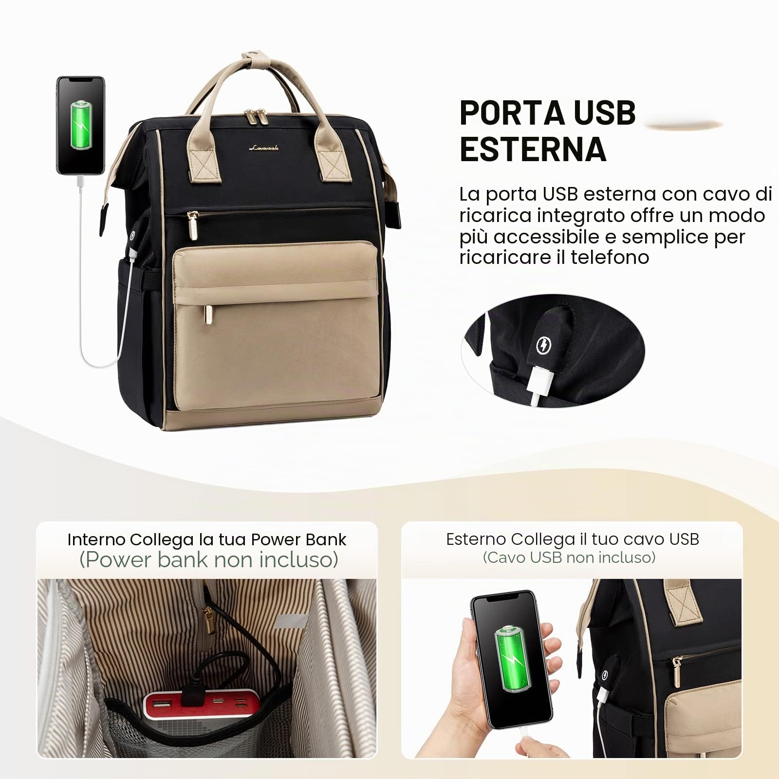 LOVEVOOK Zaino Porta PC Donna, 15,6 Pollici Impermeabile Computer Backpack Antifurto con Porta USB e Scomparto per Laptop per Scuola Università Viaggi Lavoro Aereo Ufficio, Kaki Nero