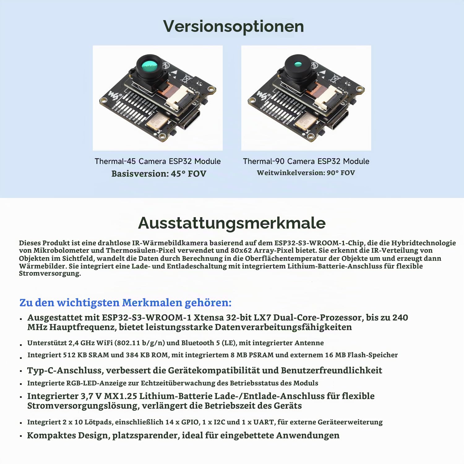 Waveshare ESP32-S3 Infrared Wireless IR Thermal Imaging Camera Module, Type-C Port, 80×62 Array Pixels Basic Version 45 ° Field of View Angle