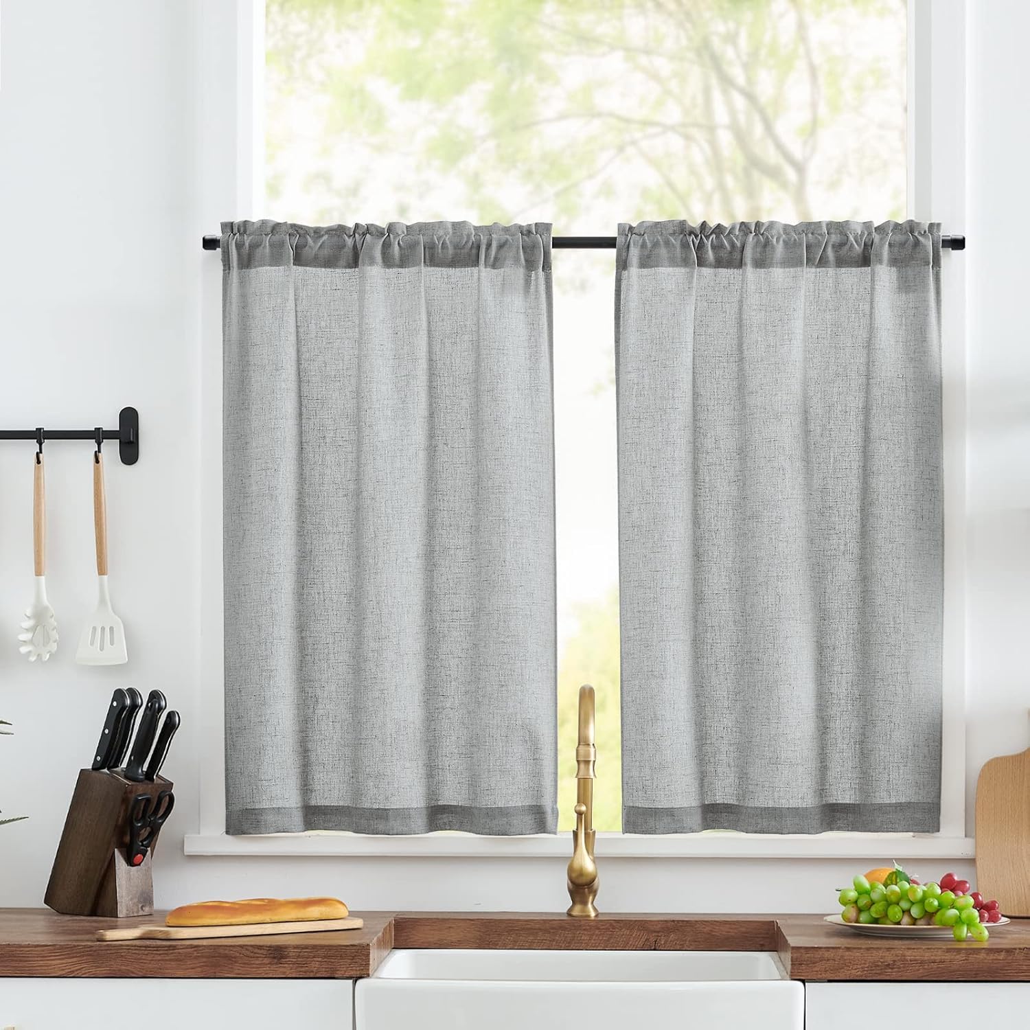 TOPICK Cortina para Cocina Translucida de Material Gris con Lino Moderna con Corredera para Riel para Puerta de Habitación o Comedor rústico Cortas semitransparentes Juego de 2 Unidades 65 x 115 cm
