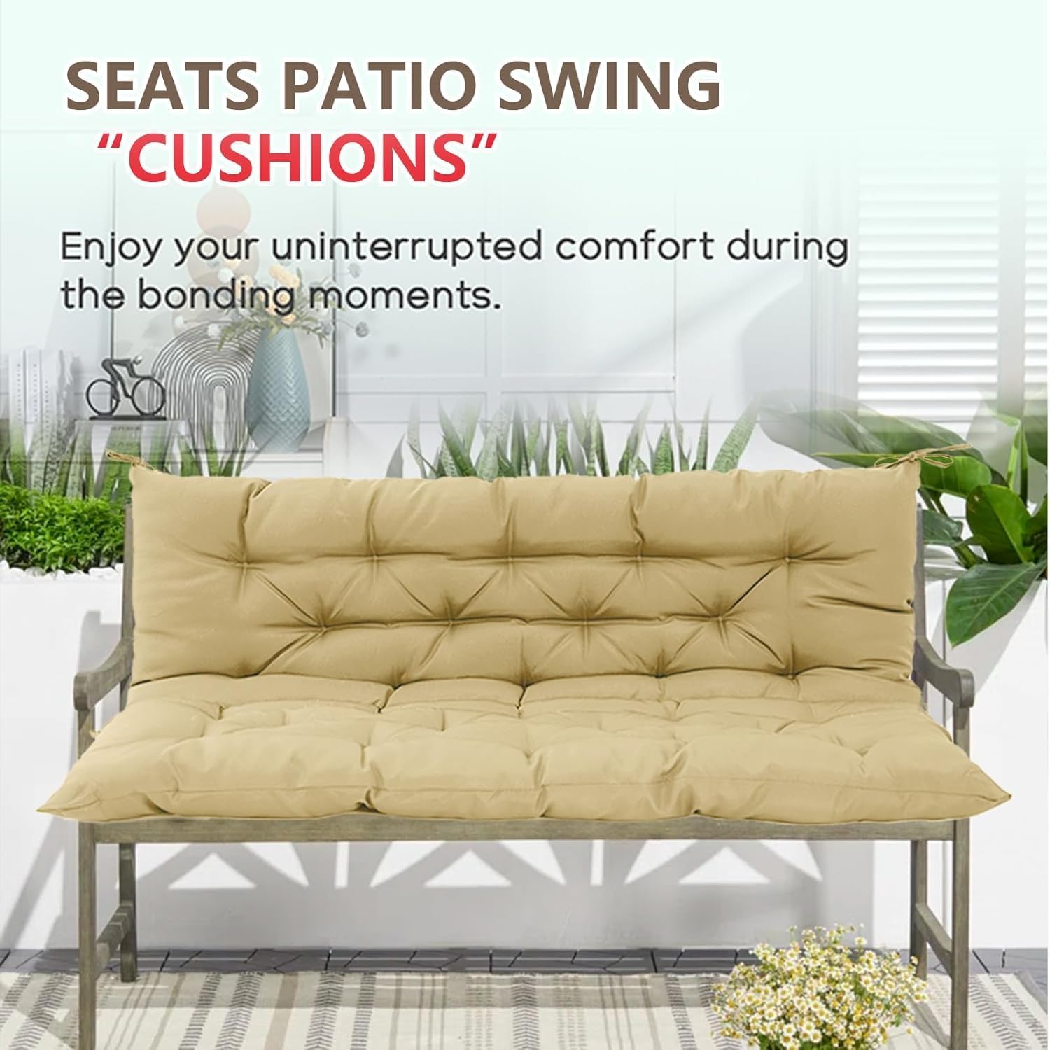 Porch Swing Cushions, Outdoor Swing Cushions 3 Seater Replacement with Backrest, Thickened Swing Cushion with Ties,Patio,Outdoor,Backyard and Gard (Khaki, 63 * 40 * 4 inches)
